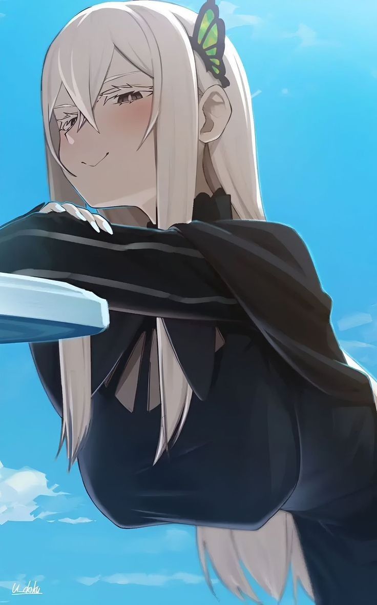 big breasts, blush, breasts, butterfly hair ornament, echidna (re:zero), nipple bulge, nipples, re:zero kara hajimeru isekai seikatsu, smug, tagme, u-doku, uncensored, white hair