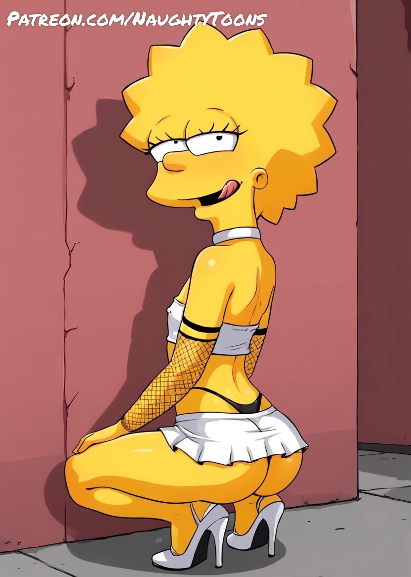 ai generated, ass visible through thighs, fox corporation, hooker, lisa simpson, miniskirt, naughty, naughty face, prostitute, simpsons, skimpy, skirt, the simpsons, thong, white shirt, yellow skin