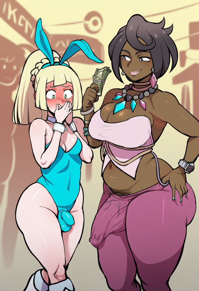 2futas, ai generated, big ass, big breasts, big penis, black hair, black-haired futa, blonde futa, blonde hair, blush, bulge, bulge through clothing, bunny ears, bunnysuit, chocolate and vanilla, cleavage, clothed, dark skin, dark-skinned futa, earrings, futa only, futanari, futasub, green eyes, hand on hip, huge cock, interracial, large breasts, light skin, light-skinned futa, lillie (pokemon), long hair, long-haired futa, looking at penis, medium breasts, midriff, money, navel, necklace, older futa, olivia (pokemon), penis awe, penis size difference, pokemon, pokemon sm, ponytail, prostitution, senko chan1, sideass, small penis, tagme, teal nails, thick thighs, tiny penis, voluptuous, voluptuous futa, wide hips, wrist cuffs, younger futa, z-ring