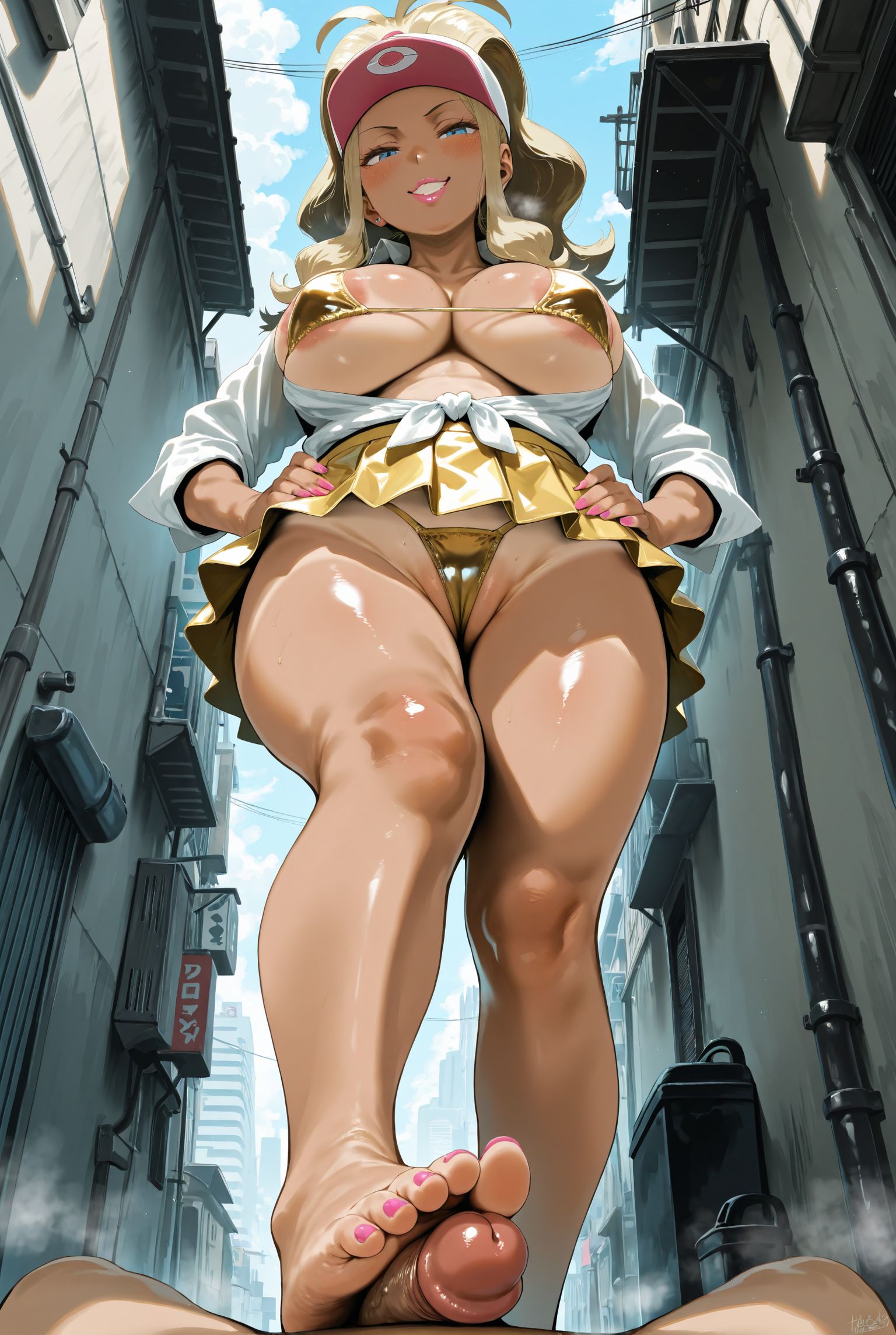 ai generated, anus, feet, foot fetish, footjob, gyaru, hat, hilda (pokemon), huge ass, huge breasts, huge nipples, pokemon, pokemon bw, pussy, robosusensei