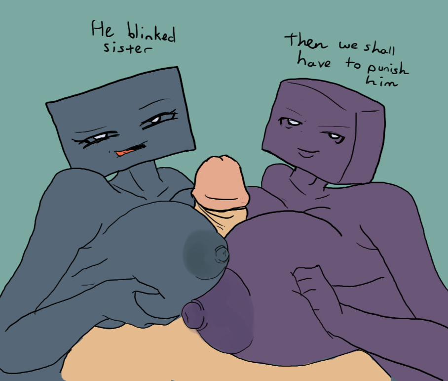 2girls areolae blue_skin breasts crisis double_paizuri enderman enderwoman female huge_breasts large_breasts large_penis male male_pov minecraft nipples penis point_of_view pov purple_skin sisters tagme teamwork text