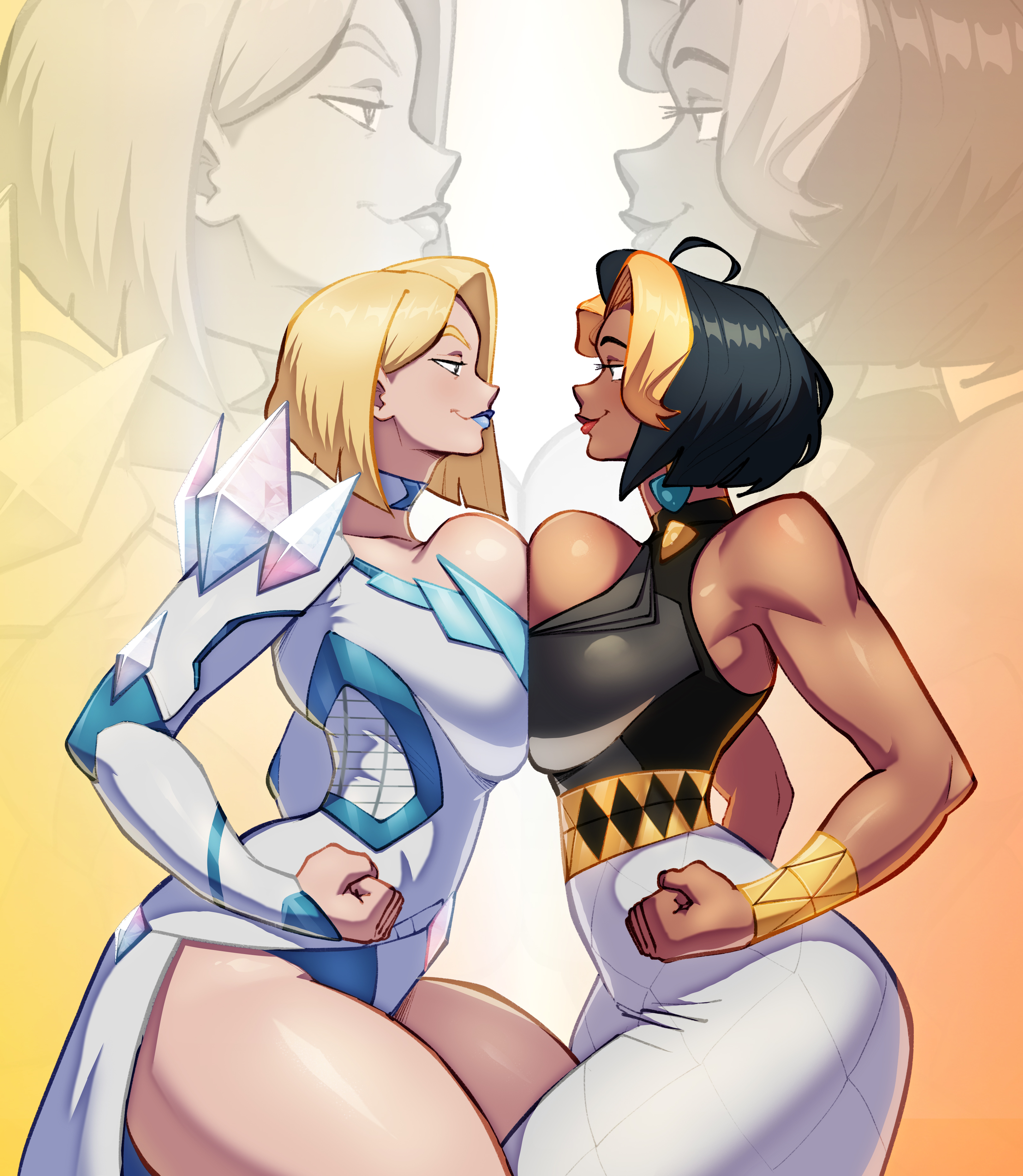 2girls, big breasts, black hair, black-haired female, blonde female, blonde hair, blue lipstick, breast press, breasts, breasts squeezed together, chocolate and vanilla, cleavage, crossover, dark skin, dark-skinned female, domina, emma frost, emma frost (marvel rivals), female, female only, light skin, light-skinned female, lipstick, looking at another, marvel, marvel rivals, mesiasart, overwatch, overwatch 2, pressing breasts, pressing breasts together, red lipstick, short hair, short-haired female, symmetrical docking, thick thighs, thighs, voluptuous, voluptuous female, x-men