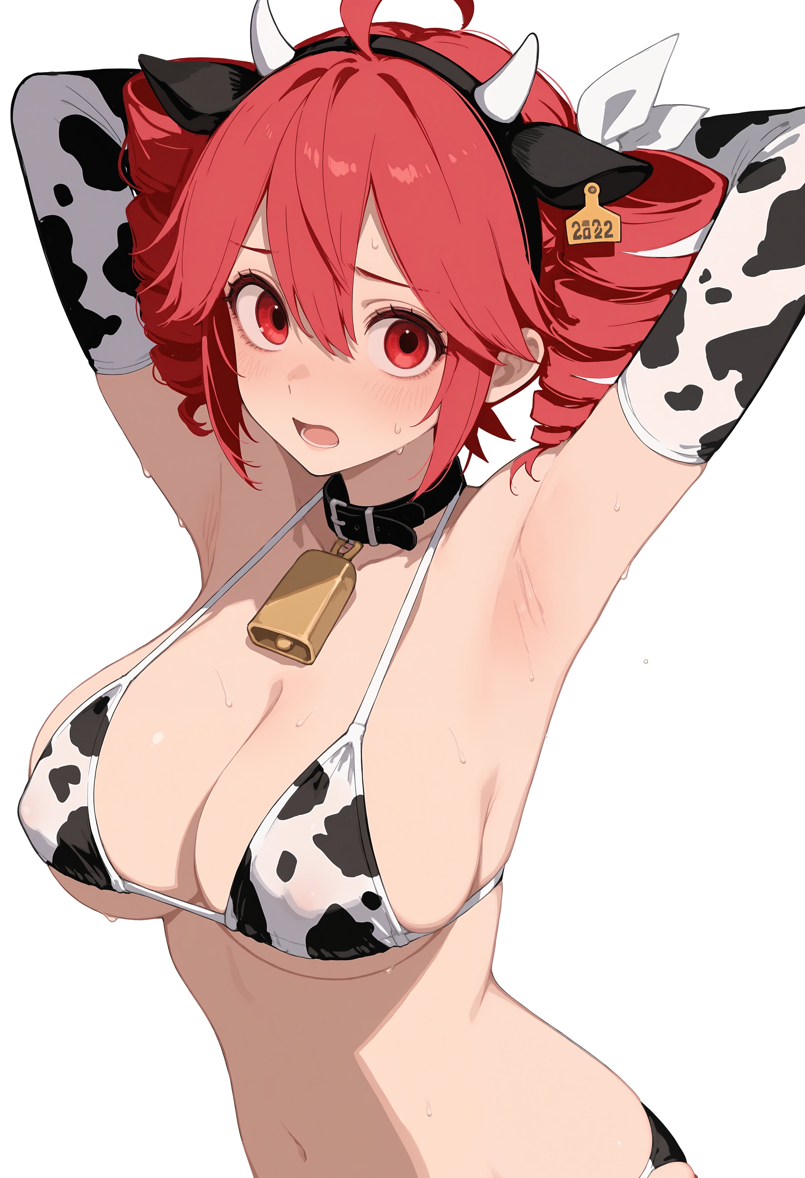 1girls, ahoge, ai generated, armpit crease, armpit fetish, armpits, arms behind head, arms up, armwear, belly, big breasts, bikini, blush, breasts, cleavage, collar, cow ears, cow ears headband, cow horns, cow horns headband, cow print, cow print armwear, cow print bikini, cowbell, cowbell collar, curvaceous, curvy, curvy female, curvy figure, embarrassed, embarrassed female, female, female only, headband, huge breasts, kasane teto, large breasts, looking at viewer, micro bikini, navel, nipple bulge, nipples, nipples visible through clothing, open mouth, red eyes, red hair, shiny skin, simple background, slim waist, solo, solo female, sweat, sweating, tetogallery, twin drills, upper body, upper body focus, utau, white background