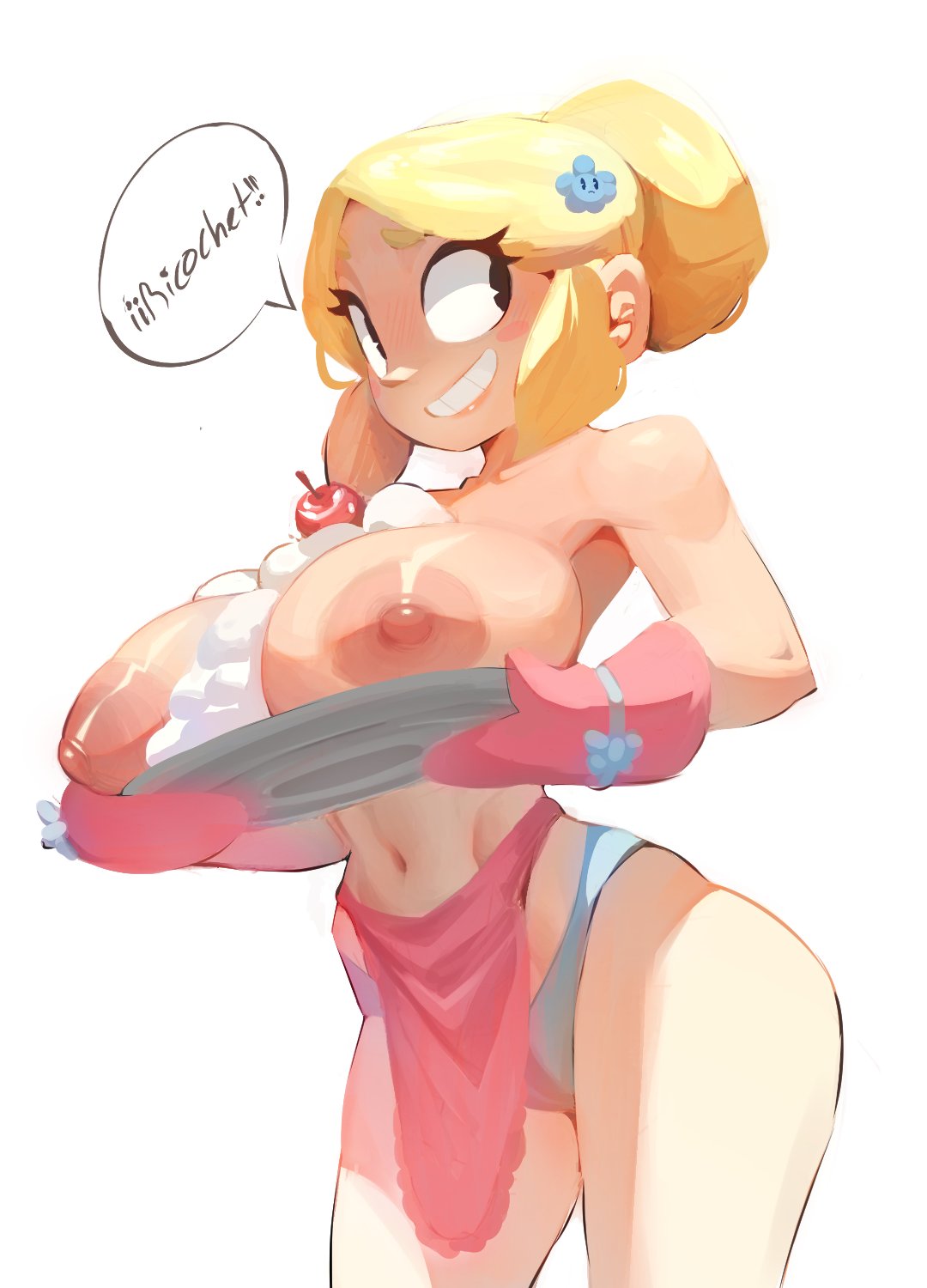 blonde eyebrows, blonde female, blonde hair, brawl stars, breasts on tray, cherry, cream on breasts, hair ornament, huhujujuy, imminent sex, nearly naked apron, oven mitts, piper (brawl stars), sachsech205, simple background, slim waist, smiling, speech bubble, tied hair, white background, wide hips