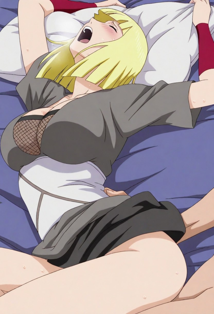 1boy, 1girls, ai generated, ambiguous penetration, arm guards, big breasts, blonde hair, blunt bangs, blush, bottomless, bottomless female, breasts, breath, breath cloud, busty, closed eyes, clothed female nude male, clothed sex, clothing, cuddling, dress, faceless male, female, fishnets, fucked from behind, fucked senseless, fucked silly, futon, grabbing from behind, head on pillow, head tilt, heavy breathing, high resolution, holding object, holding pillow, huge breasts, implied penetration, indoors, large breasts, legs together, lying, lying on bed, lying on side, male, mature, mature female, milf, moaning, moaning in pleasure, naruto, naruto (series), naruto shippuden, naruto: the last, no bra, no panties, no visible genitalia, oppai, partial male, penetration, pillow, pillow grab, pleasure face, samui, sash, screaming, screaming in pleasure, sex, sex on bed, spooning, straight, tent, uncensored, unseen male face, vaginal penetration, vaginal sex, visible breath, voluptuous, voluptuous female, waist grab, yellow hair