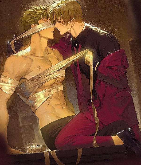 2boys, abs, bandaged arm, bandages, bangs, blindfolded, blonde hair, clothed, clothing, collared shirt, dress shirt, eye contact, gay, gloves, green hair, holding object, lighting, looking at another, male, male only, multiple males, muscular, muscular male, narrowed eyes, navel, necktie, no visible genitalia, nori31291404, off shoulder, one piece, pants, parted lips, pecs, pectorals, roronoa zoro, scar, scar on chest, shoes, short hair, sitting, suggestive, suit, suit and tie, topless male, vinsmoke sanji, wrapped, wraps, yaoi