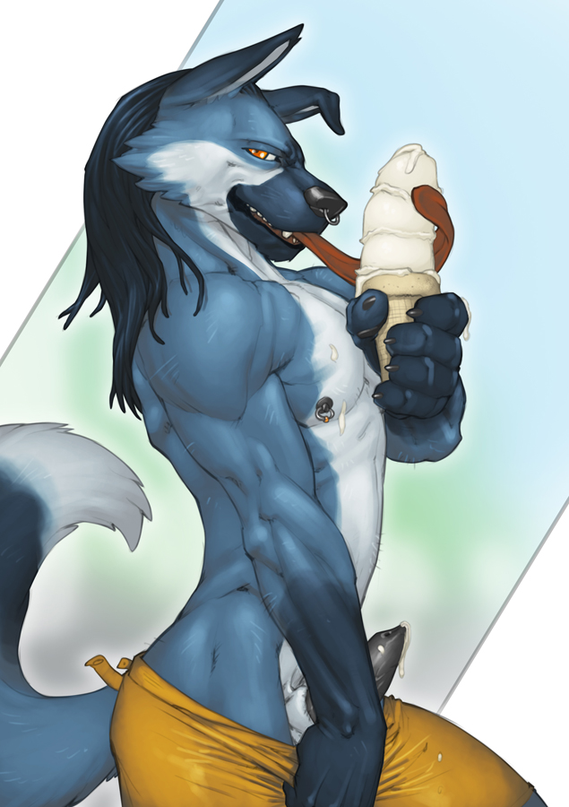 1boy animal_penis anthro blue blue_fur blue_hair body_fur canine canine_penis cum dark_penis erection fluffy_tail forge_(artist) furry ice_cream ice_cream_cone licking long_hair_male long_tongue looking_at_viewer male male_nipples male_only muscles nipple_piercing nipple_rings pants_down penis piercing red_eyes sheath solo thewielder tongue tongue_out tymbre white_countershading