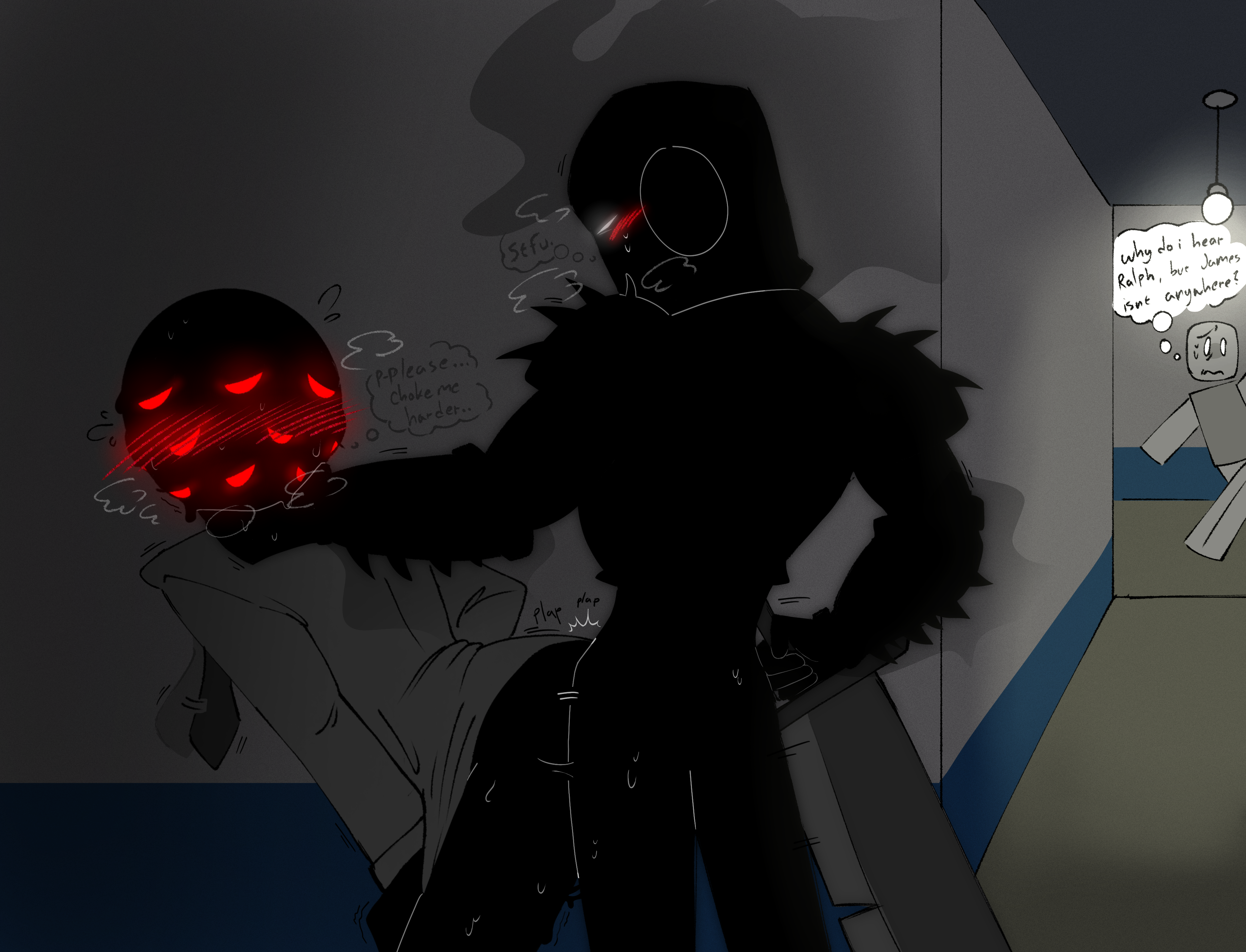 2boys, anal sex, background character, backshots, begging for more, black body, blocky body, choking, clapping cheeks, dark skin, deep in ass, deep inside, deep penetration, from behind, from behind position, gay, gay sex, giant sword, hallway, hallway in background, hard sex, heavy blush, heavy breathing, holding neck, horror game, identity fraud, james (identity fraud), knight, knight armor, lobsteruar, male on male, maze 3, multiple eyes, muscular male, nervous, pants down, person in background, plap (sound), public, ralph (identity fraud), red eyes, roblox, roblox game, robloxian, self upload, smoking, steamy breath, suit and tie, sweat, sweating, talking to another, thought bubble, trying to be quiet, white eyes