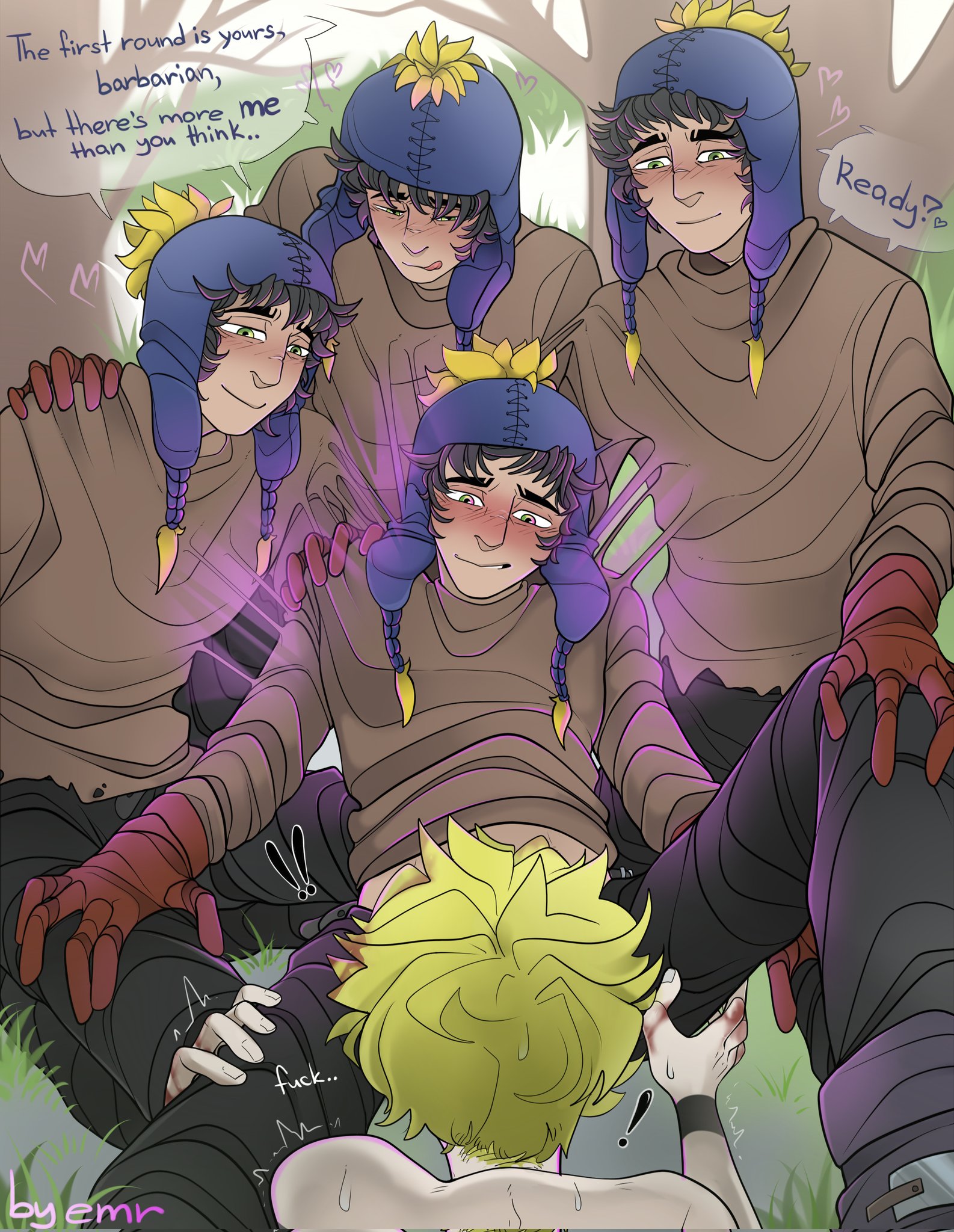 !, !!, 2022, 5boys, aged up, barbarian tweek, bloody, blowjob, canon couple, comedy central, comic page, commission, craig tucker, duplicated character, duplication, emrsooohappy, english text, gay, gay sex, imminent sex, legs apart, legs spread, multiple boys, nervous sweat, oral, shivering, south park, south park: the stick of truth, surprised, swear, swearing, sweating, tagme, thief craig, tweek tweak, ubisoft