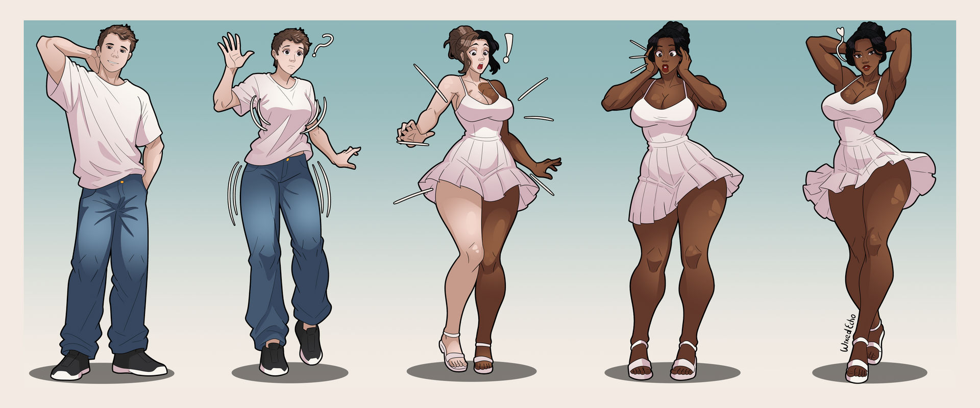 ass expansion, ballerina, blackification, breast expansion, breasts, clothing transformation, dark-skinned female, ebonization, gender transformation, genderswap (mtf), hair color change, muscular, muscular female, race swap, sequence, thick thighs, transformation, wixedecho
