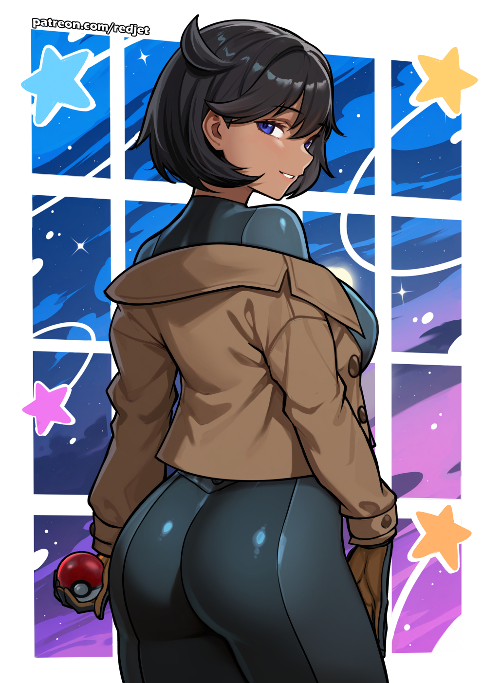 ass, black bodysuit, black hair, blue eyes, bodysuit, breasts, brown coat, brown gloves, coat, commentary request, dark skin, dark-skinned female, emma (pokemon legends: z-a), emma (pokemon), female, from behind, game freak, gloves, highres, holding, holding poke ball, large breasts, long sleeves, looking at viewer, looking back, matiere (pokemon legends: z-a), matiere (pokemon), nintendo, patreon username, poke ball, poke ball (basic), pokemon, pokemon legends: z-a, pokemon za, redjet, short hair, smile, solo, star (symbol)