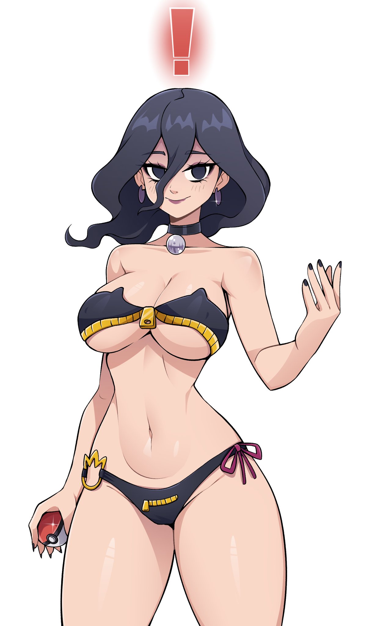 1girls, bikini, black bikini, black eyes, black hair, black nails, breasts, choker, cleavage, earrings, female, female only, game freak, hair between eyes, hex maniac, hex maniac (pokemon legends: z-a), holding, jewelry, large breasts, lipstick, long hair, looking at viewer, makeup, nail polish, navel, nintendo, o-ring, o-ring bikini, occult maniac, occult maniac (pokemon legends: z-a), occult maniac (pokemon), occult maniac (z-a), oninuer, pokemon, pokemon legends: z-a, purple bikini, purple nails, side-tie bikini, solo, strapless, strapless bikini, swimsuit, underboob
