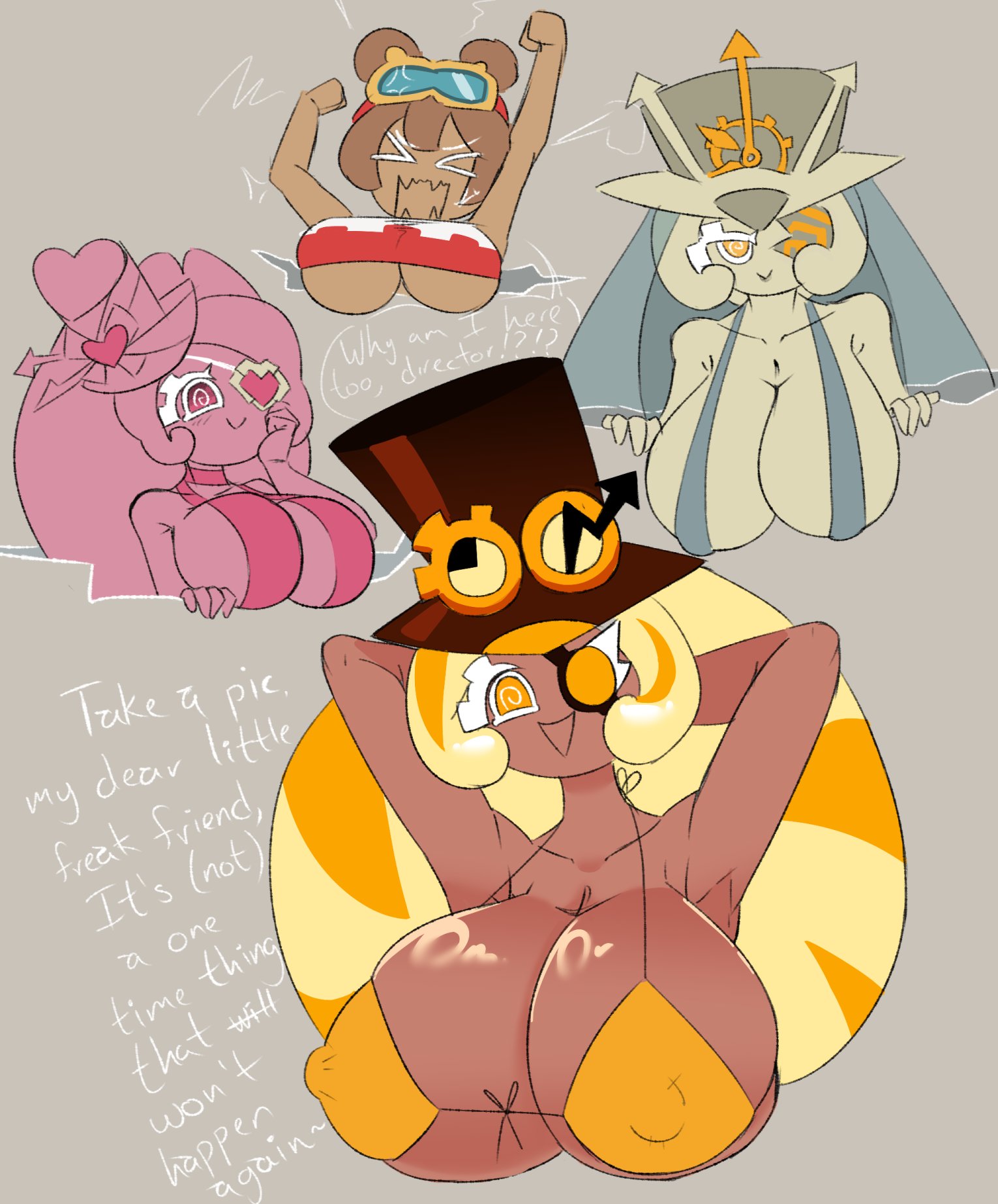 big breasts, bikini, breasts, complaining, cookie run, cookie run ovenbreak, croissant cookie, huge breasts, shadyshadsie, sling bikini, text, timekeeper cookie, timekeeper cookie (timeless love)