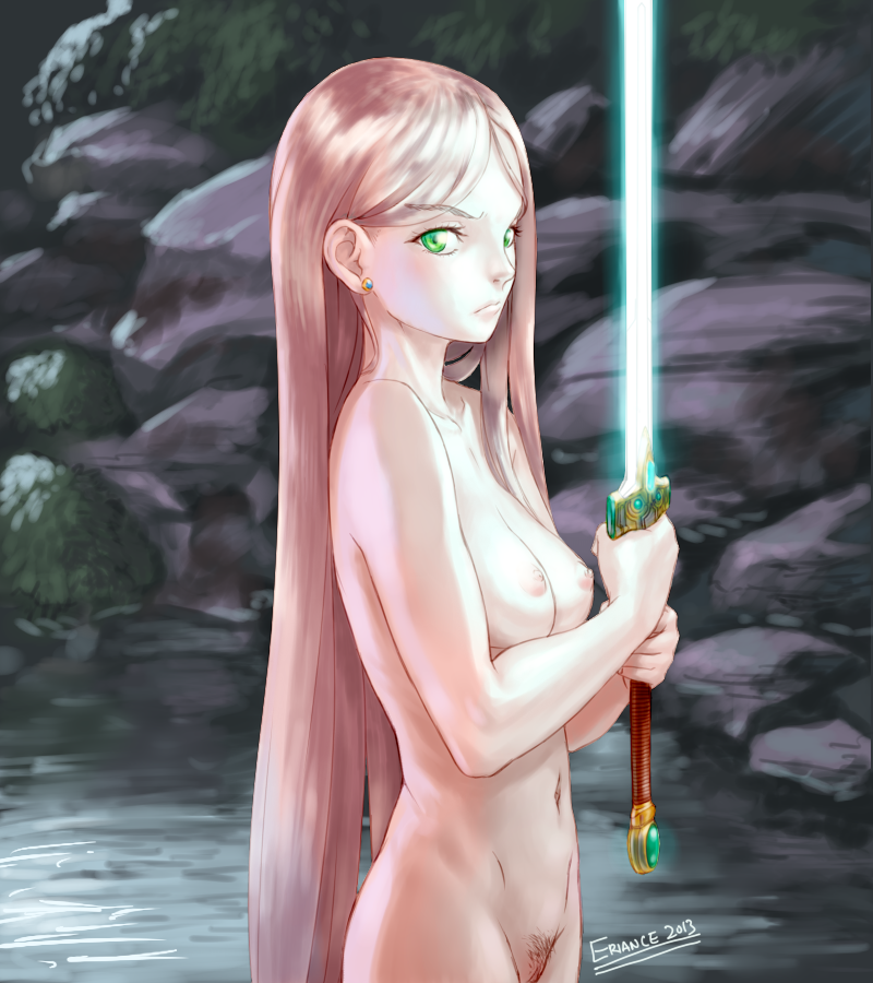 agemmata blonde_hair breasts female green_eyes long_hair nipples nude pubic_hair solo sword weapon