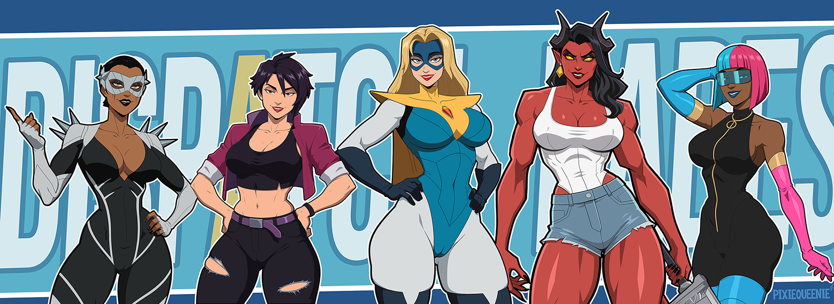 2d, 5girls, alice (dispatch), ass, big ass, big breasts, big thighs, blonde blazer, blue hair, breasts, bust, busty, cameltoe, chest, coupe, courtney (dispatch), curvaceous, curvy, curvy figure, dark skin, dark-skinned female, demon, demon girl, demoness, digital media (artwork), dispatch (game), female, female only, half demon, half-demon, hips, hourglass figure, huge ass, huge breasts, huge thighs, invisigal, janelle (dispatch), large ass, large breasts, large thighs, legs, light skin, light-skinned female, lineup, malevola gibb, mandy (dispatch), mature, mature female, multicolored hair, multiple girls, pink hair, pixiqueenie, prism, red body, red skin, red-skinned female, slim waist, straight, sword, take your pick, tan body, tan skin, tan-skinned female, thick, thick hips, thick legs, thick thighs, thighs, tinted eyewear, tomboy, visor, voluptuous, waist, wide hips, wide thighs