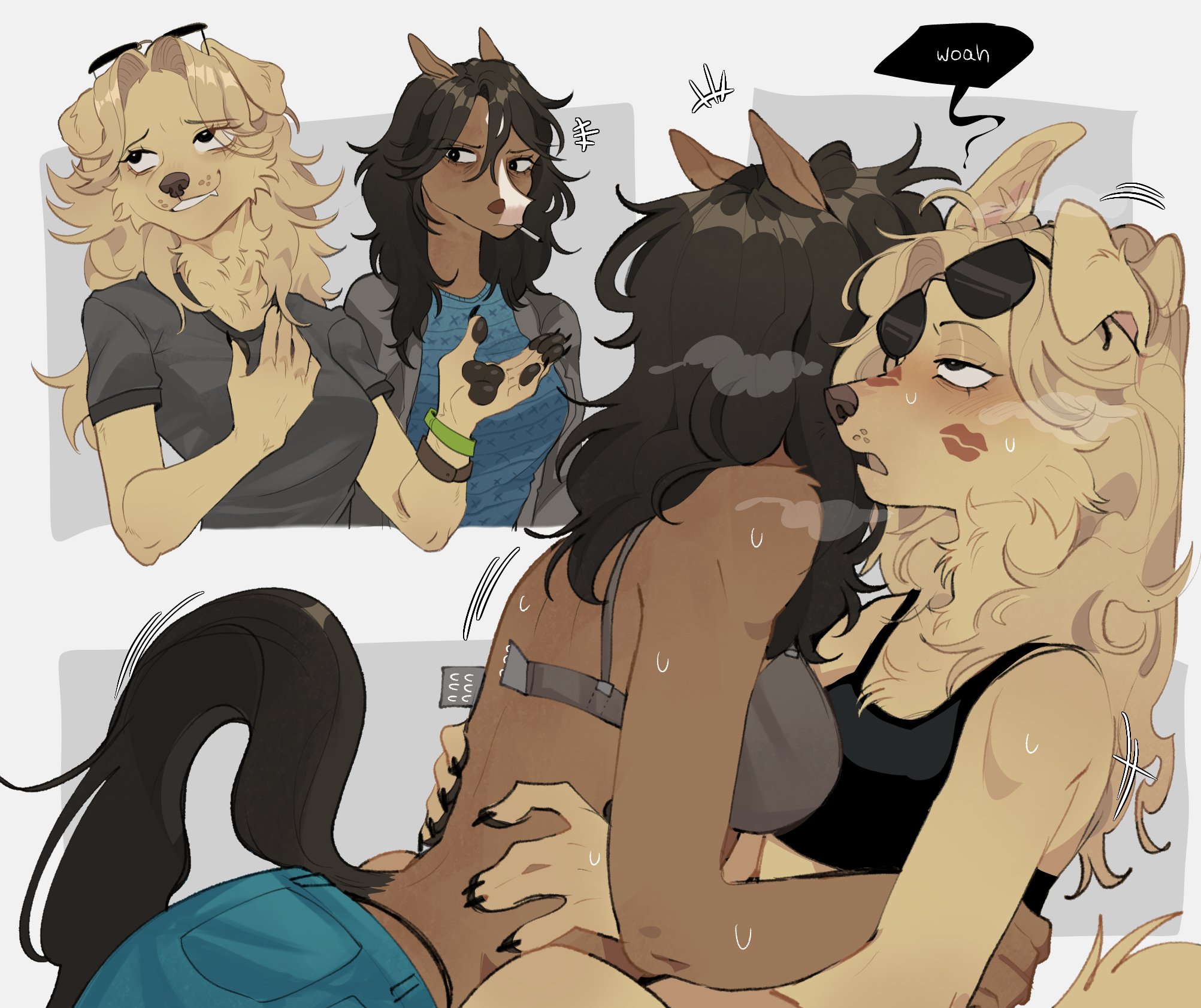 2girls, against wall, anthro, assertive female, black hair, black sports bra, blonde fur, blonde hair, bojack horseman, bojack horseman (character), bra, breasts, brown fur, canid, canine, canis, dog girl, domestic dog, english text, equid, equine, female, femdom, femsub, furry, furry female, genderswap (mtf), horse, horse girl, implied futa, instant loss, jeans, large breasts, lipstick mark, long hair, medium breasts, mr. peanutbutter, raccoattack, rolling eyes, rule 63, snout, sports bra, sunglasses, sunglasses on head, tail, undone bra, undressing, undressing another, yuri