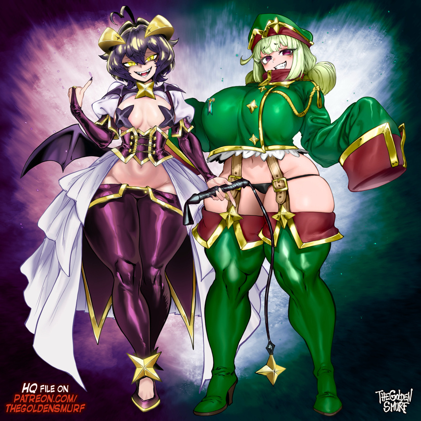 2girls, ahoge, araga kiwi, arm at side, artist name, bat brooch, bat wings, belt, big breasts, black nails, black panties, boots, breastless clothes, breasts, bridal gauntlets, canon couple, commentary, corset, covered knees, cross, cross facial mark, cross pasties, cross-shaped pupils, curvy, demon girl, double bun, english commentary, facial mark, fangs, female, female only, fold-over gloves, forward-facing horns, full body, gloves, glowing, glowing eyes, green boots, green gloves, green hair, green hat, green jacket, grin, groin, hair bun, hand up, hands up, hat, high heel boots, high heels, hiiragi utena, holding, holding riding crop, horns, huge breasts, jacket, large breasts, leopard (mahou shoujo ni akogarete), long sleeves, looking at viewer, lowleg, lowleg panties, lowleg pants, magia baiser, mahou shoujo ni akogarete, midriff, military hat, military jacket, mole, mole under eye, multiple girls, navel, no pants, open mouth, paid reward available, panties, pants, pasties, patreon username, purple corset, purple gloves, purple hair, purple pants, purple shoes, revealing clothes, riding crop, sharp teeth, shoes, short hair, short sleeves, showgirl skirt, shrug (clothing), skindentation, sleeves past fingers, sleeves past wrists, small breasts, smile, standing, star (symbol), star pasties, stomach, suspenders, symbol-shaped pupils, teeth, thegoldensmurf, thick thighs, thighs, underwear, white shrug, wide hips, wings, yellow eyes, yellow horns