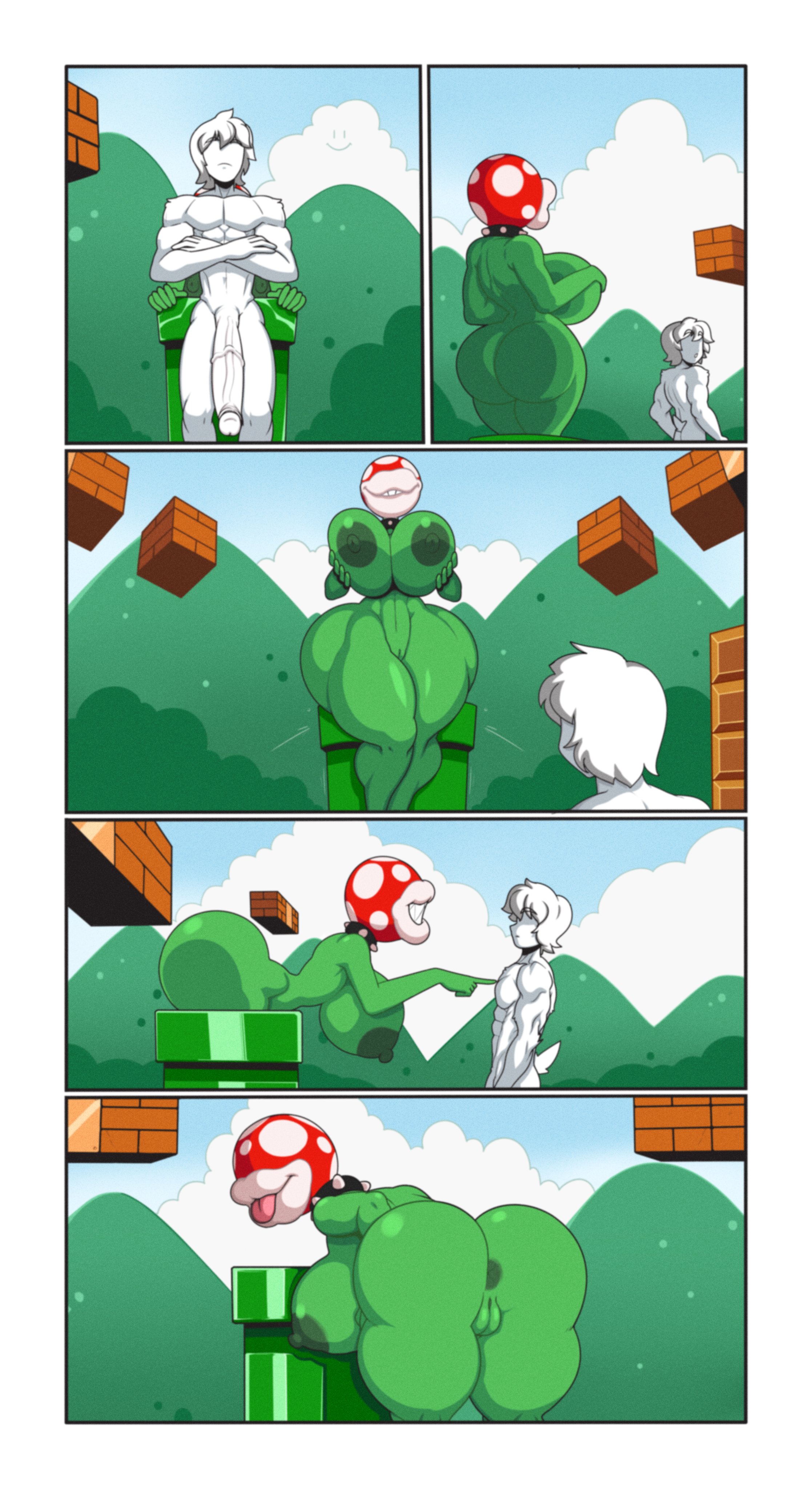 1boy, 1girls, areola, ass, bending over, big areola, big ass, big breasts, big lips, big penis, blue fur, breasts, brown eyes, brown hair, comic, comic page, digital drawing (artwork), digital media (artwork), female, green body, holding breast, huge lips, male, mario (series), naked, nintendo, nipples, nude, outside, penis, pink penis, piranha plant, plant, plant girl, pointing, pussy, sharp teeth, showing ass, showing off, spiked collar, tagme, turboranger, vagina, warp pipe