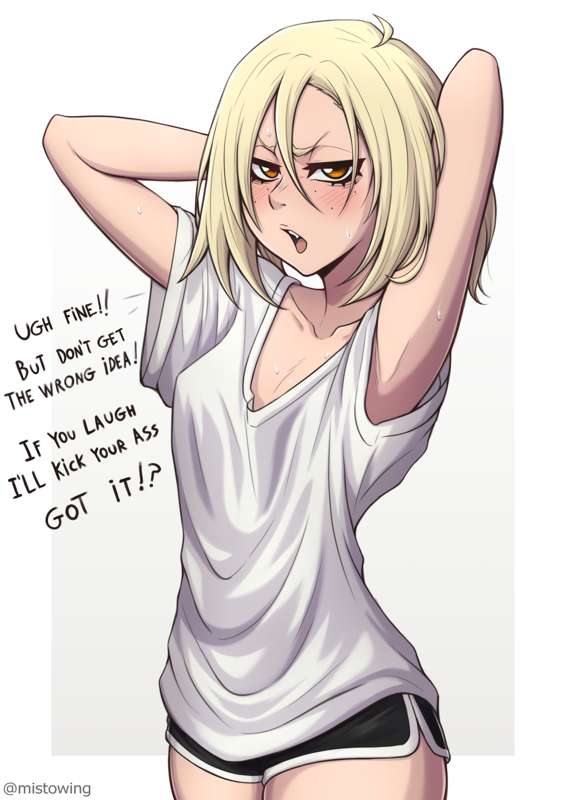 1girls, armpits, black text, bleach, bleach: the thousand-year blood war, blonde hair, blush, female, hair, hiyori sarugaki, light skin, light-skinned female, mistowing, orange eyes, sarugaki hiyori, short hair, short shorts, shorts, simple background, solo, solo female, text, white background