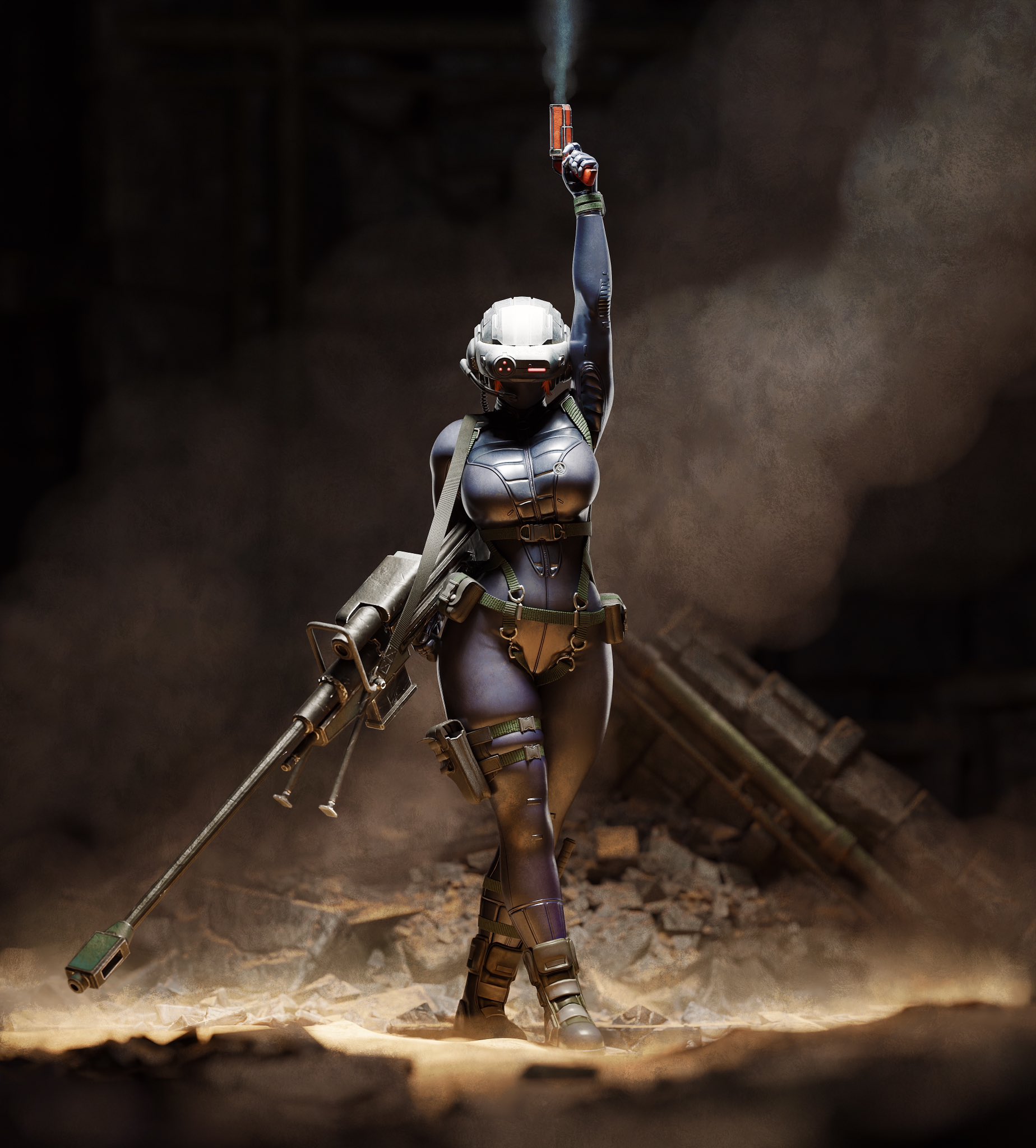 1girls, 3d (artwork), apulaz, breasts, charlotte graves, clothing, crossbowpussycat, goes hard, halo (series), headgear, hips, holding weapon, large breasts, original, original character, thick thighs, thighs