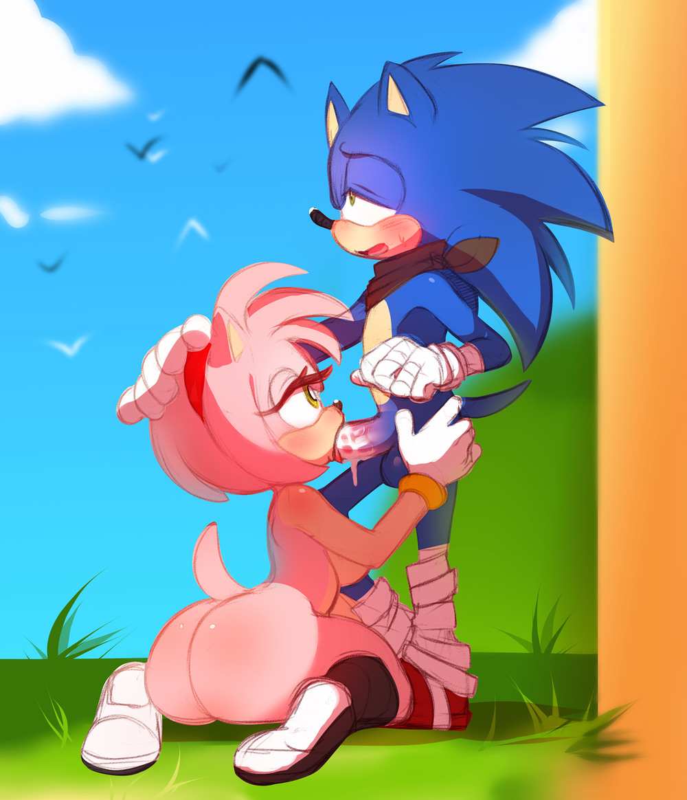 1boy, amy rose, ass, blowjob, blush, cum, dick, female, head pat, higgyy, male, naked, penis, sonic (series), sonic the hedgehog, sonic the hedgehog (series)