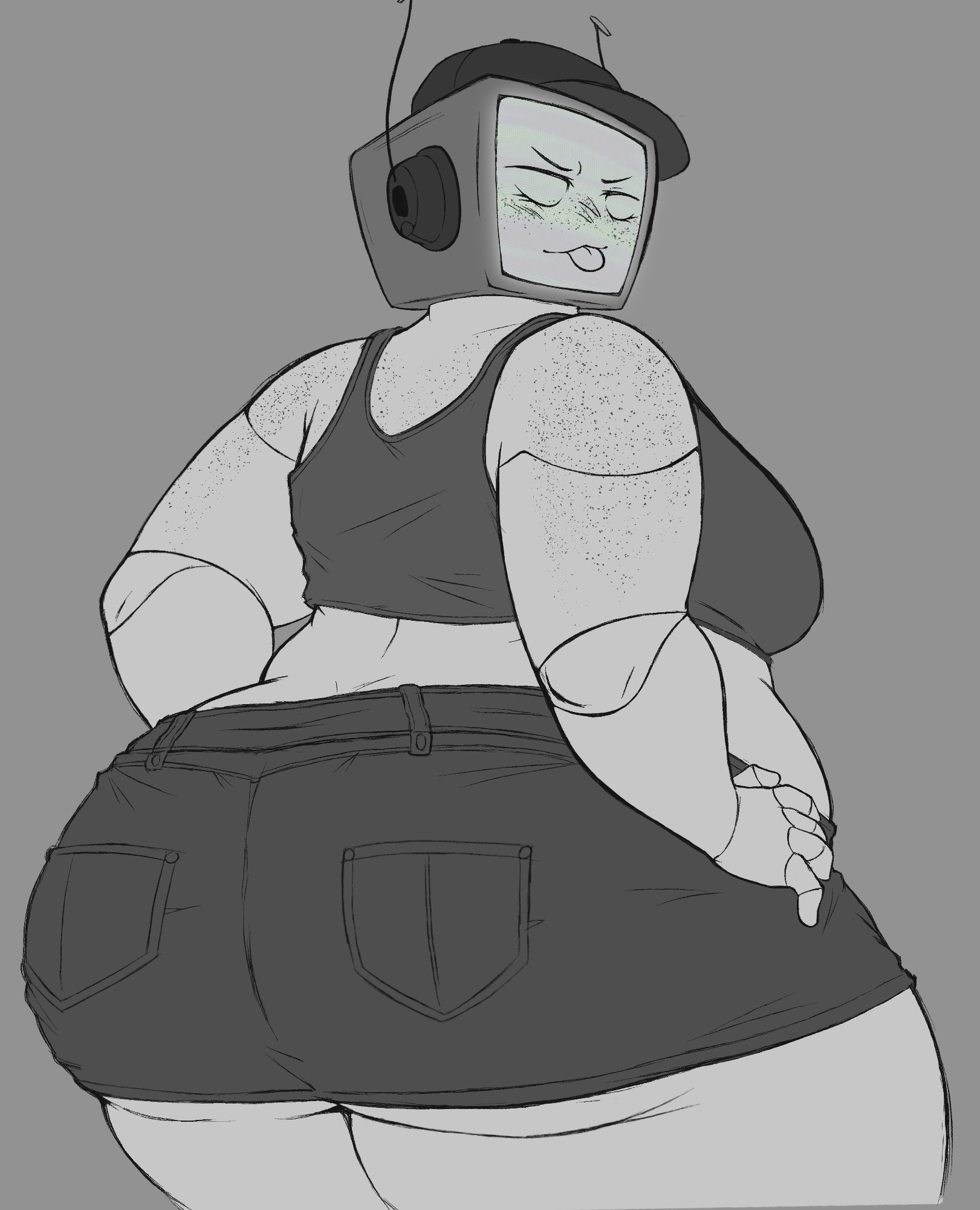 2025, antennae, anthro, anthro female, ass focus, belly, belly out, big ass, big butt, big thighs, clothing, dancarent3, denim, denim clothing, denim shorts, fat arms, fat ass, fat female, fat thighs, female, forsaken (roblox), freckled arms, freckles, freckles on arms, freckles on face, hands on hips, heavenly ass, huge ass, huge butt, huge thighs, jean shorts, jeans, large ass, large butt, large thighs, looking at viewer, looking back, overweight, overweight anthro, overweight female, roblox, roblox game, robot, robot anthro, robot girl, robot humanoid, shorts, thick female, thick thighs, thight clothing, tongue out, tv head, twitter link, veeronica, video game character