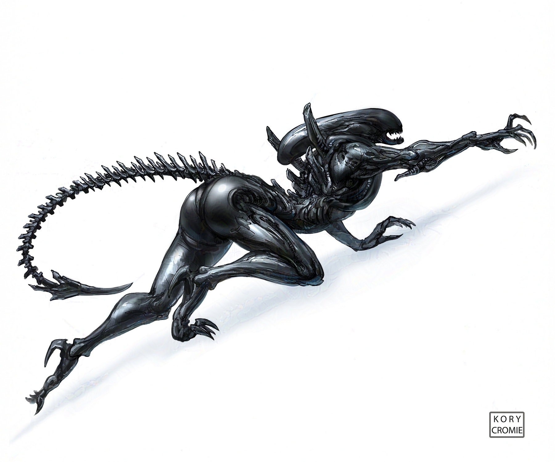 1girls, 2d, alien, alien (franchise), alien girl, ass, ass focus, claws, crawling, exoskeleton, female, female focus, female only, female xenomorph, femomorph, kory cromie, long tail, on all fours, open mouth, solo, solo female, spines, tail, watermark, xenomorph, xenomorph tail