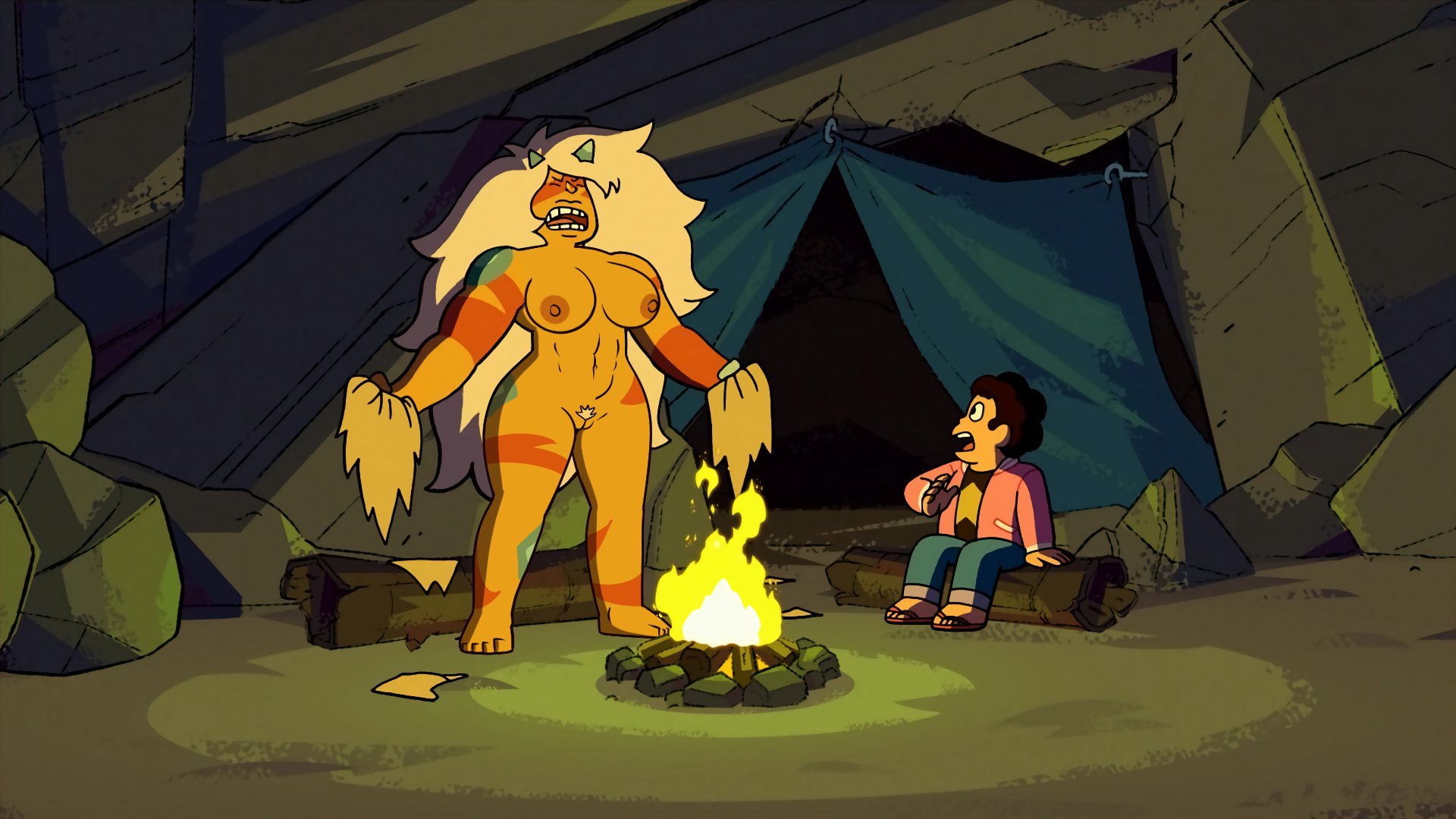 body markings, bush, bushy pubes, campfire, edited, edited screencap, horns, jasper (steven universe), muscular, muscular female, orange body, orange nipples, pubic hair, steven quartz universe, steven universe, steven universe future, tearing clothes, tearing off clothes, yenvudu
