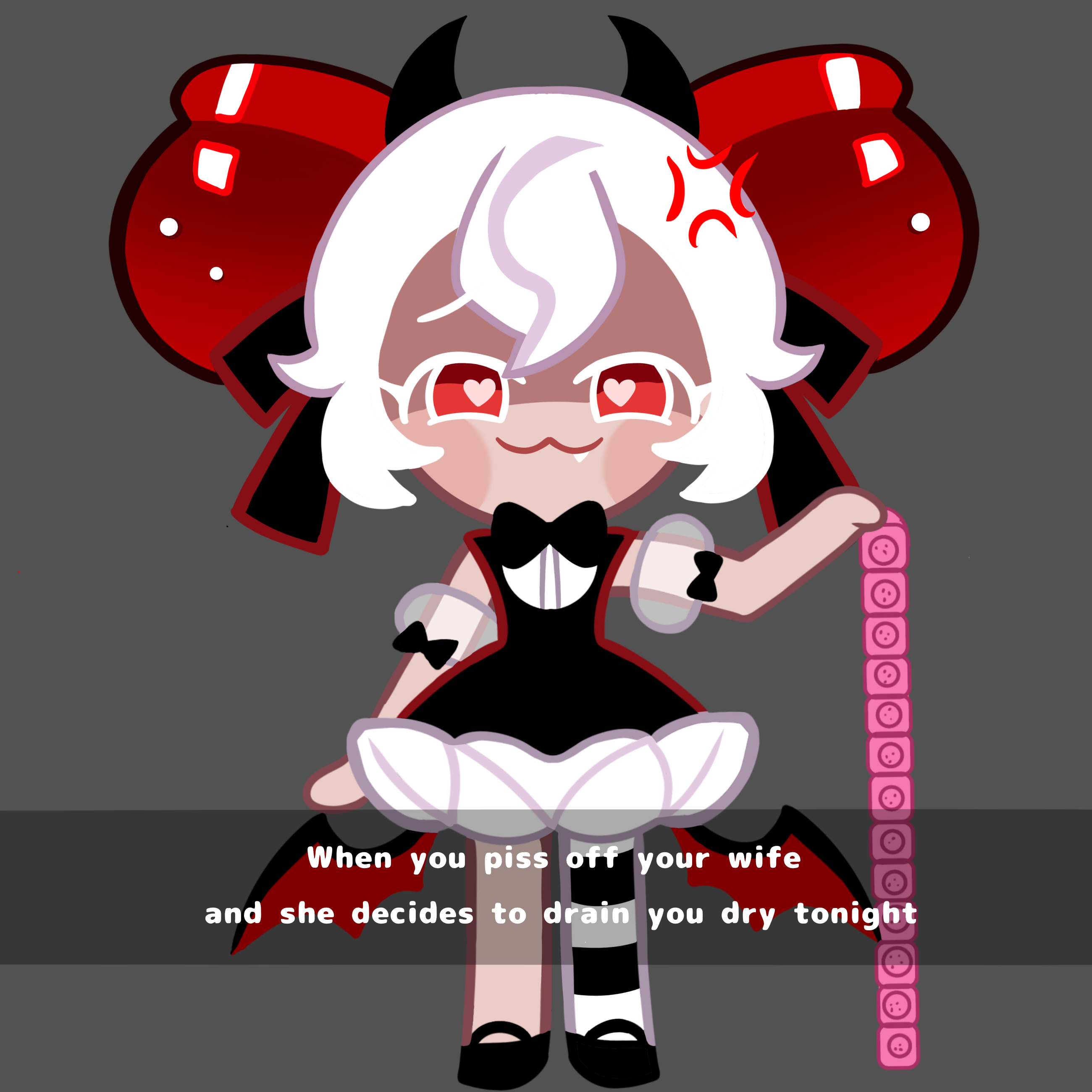 :3, 1girls, candy apple cookie, condom, condom strip, condoms, cookie, cookie run, cookie run kingdom, cookie run witch's castle, false smile, meme, sabotaged condom, self upload, simple background, solo, tagme, unepicroachy