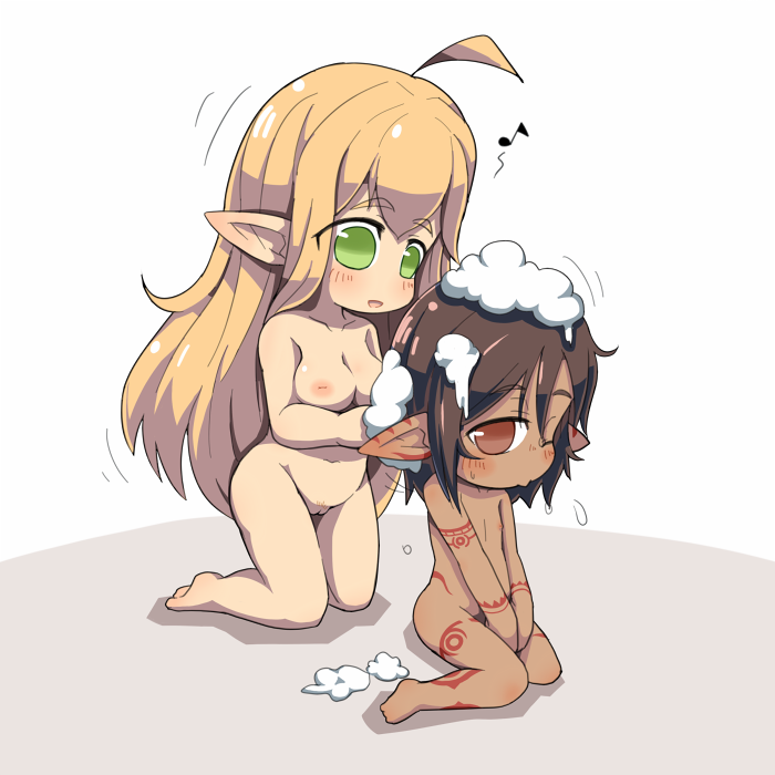 blonde_hair blush breasts brown_eyes brown_hair chibi crab_man dark_skin elf flat_chest green_eyes inverted_nipples kneeling long_hair nipples nude original pointy_ears pussy short_hair sitting wink