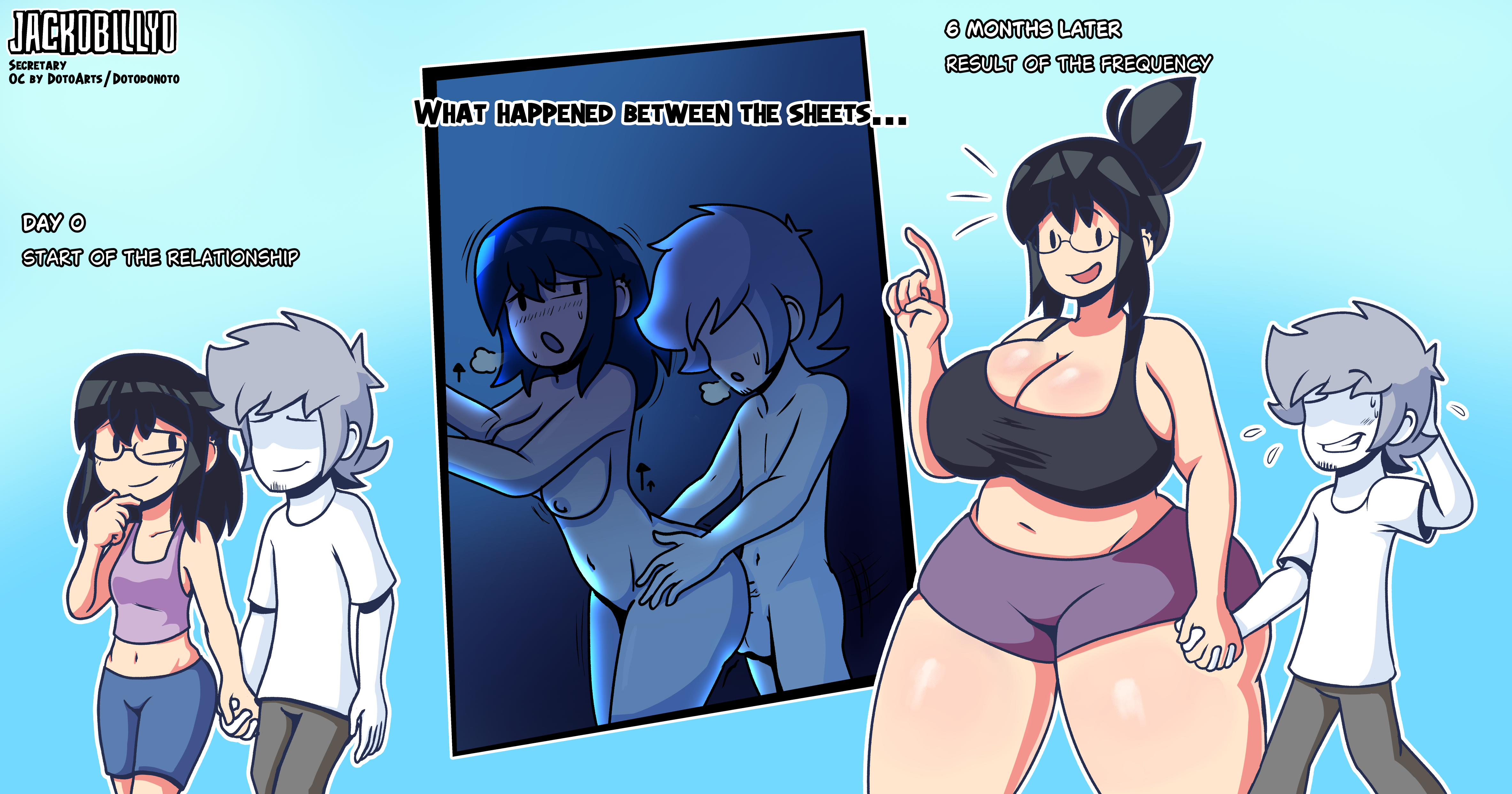 1boy, 1girl, anon, anonymous male, ass expansion, before and after, black hair, breast expansion, clothed female, clothed male, comic, curvy, dumptruck ass, english text, gigantic ass, gigantic breasts, glasses, hetero, hi res, high resolution, highres, holding hands, huge ass, huge breasts, jackobillyo, larger female, multi panel, nude, plump, ponytail, secretary (dotodonoto), self upload, sex, size difference, taller female, thick ass, thick thighs, vaginal, weight gain, wide hips