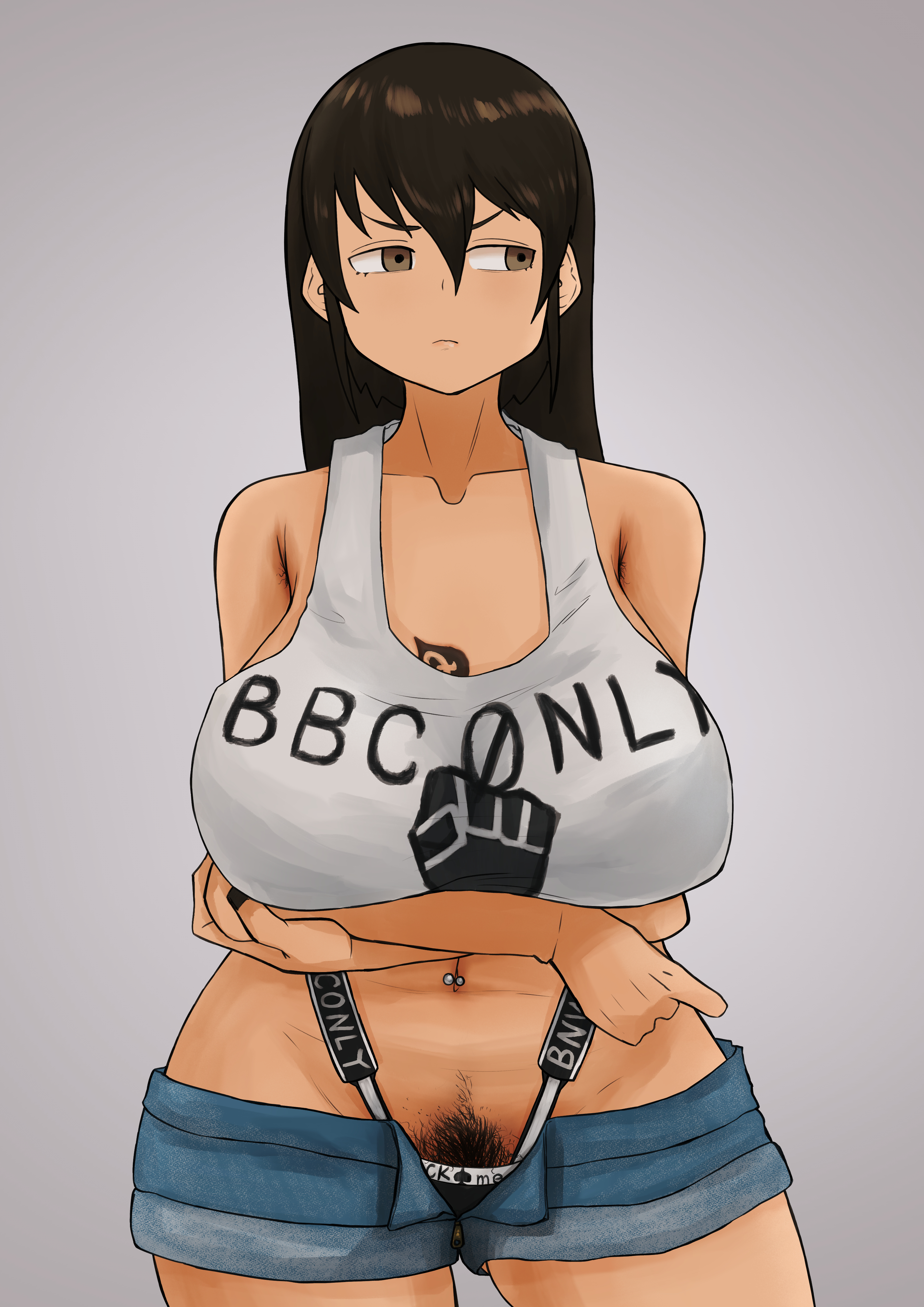 1girls, 2025, 2d, 2d (artwork), blacked, blacked clothing, blacked panties, brown eyes, crop top, crossed arms, dark brown hair, huge breasts, jean shorts, light-skinned female, long hair, navel, navel piercing, queen of spades, queen of spades tattoo, raceplay, sleeveless crop top, standing, tagme, tattoo, tattoo on breast, tometo you, unhappy, unhappy female