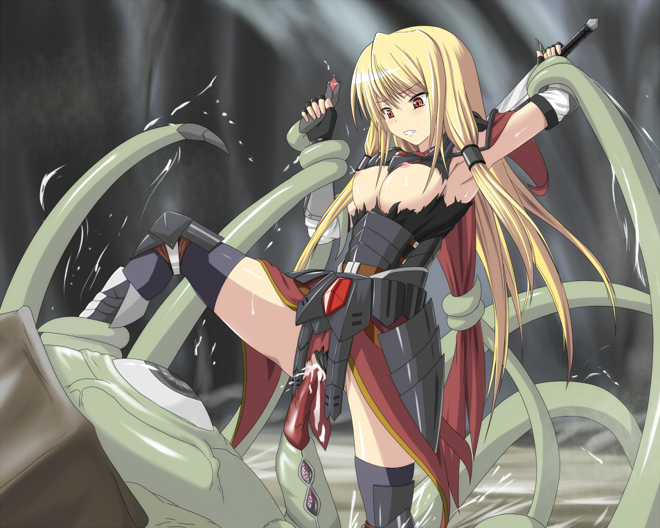 ambiguous penetration, armor, blonde hair, breasts, brown eyes, cld1111, clenched teeth, covered penetration, cum, defeated, dress, female, implied penetration, implied sex, knight, long hair, monster, nipples, pussy, rape, restrained, sex under clothes, sex under dress, sword, tear, tentacle, tentacle under dress, tentacles under clothes, torn clothes, vaginal penetration, weapon