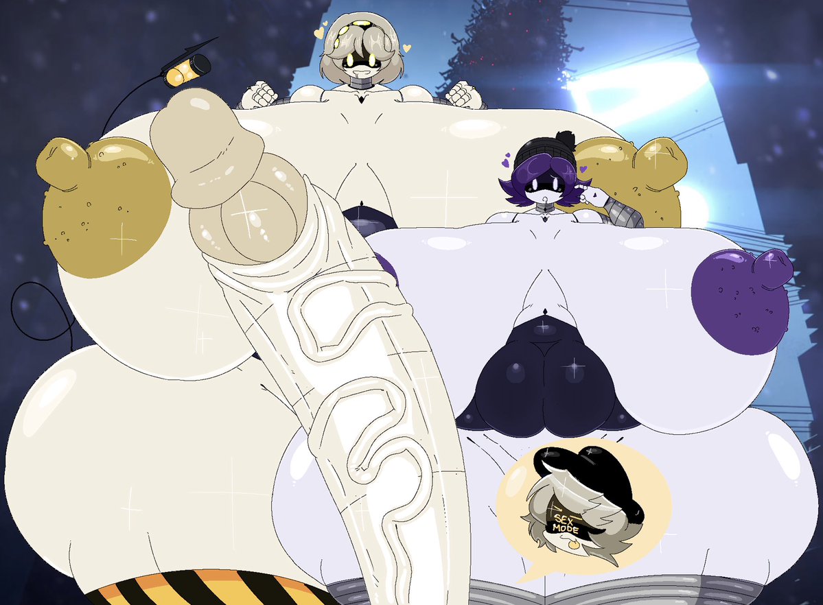 2girls1boy, artist request, big boobs, big breasts, boobs, breasts, cock worship, huge breasts, huge female, huge thighs, long dick, murder drones, n (murder drones), penis worship, purple eyes, purple hair, robots, straight, uzi (murder drones), v (murder drones), varix (edit), yellow eyes