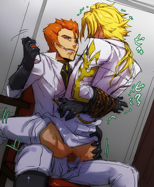 2boys anal arms_behind_back artist_request ass ass_grab bondage blonde_hair bondage bound_arms censored character_request code_geass gino_weinberg gino_weinburg gloves in_lap luciano_bradley male multiple_boys orange_hair rope sex sitting source_request uniform yaoi