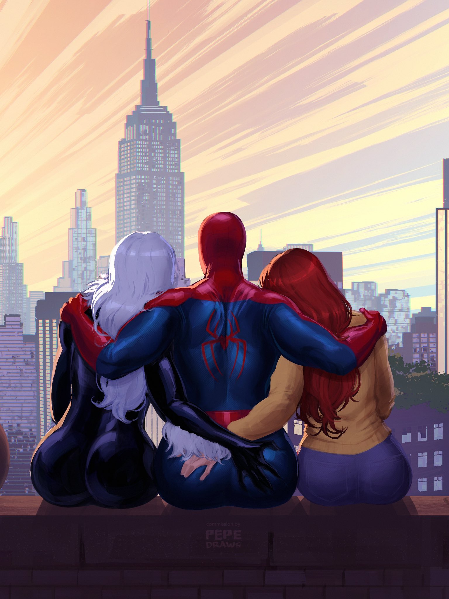 1boy, 2026, 2girls, ass, big ass, big breasts, big thighs, black cat (marvel), breasts, commission, commission art, couple, couple (romantic), curvaceous, curvy, curvy figure, digital media (artwork), duo, felicia hardy, female, hips, huge ass, huge breasts, huge thighs, large ass, large breasts, large thighs, legs, light skin, light-skinned female, light-skinned male, male, male/female, marvel, marvel comics, mary jane watson, mature, mature female, mature male, pepedraws, peter parker, red hair, rooftop, sitting, sitting on roof, slim waist, spider-man, spider-man (series), straight, thick, thick hips, thick legs, thick thighs, thighs, voluptuous, voluptuous female, waist, white hair, wide hips