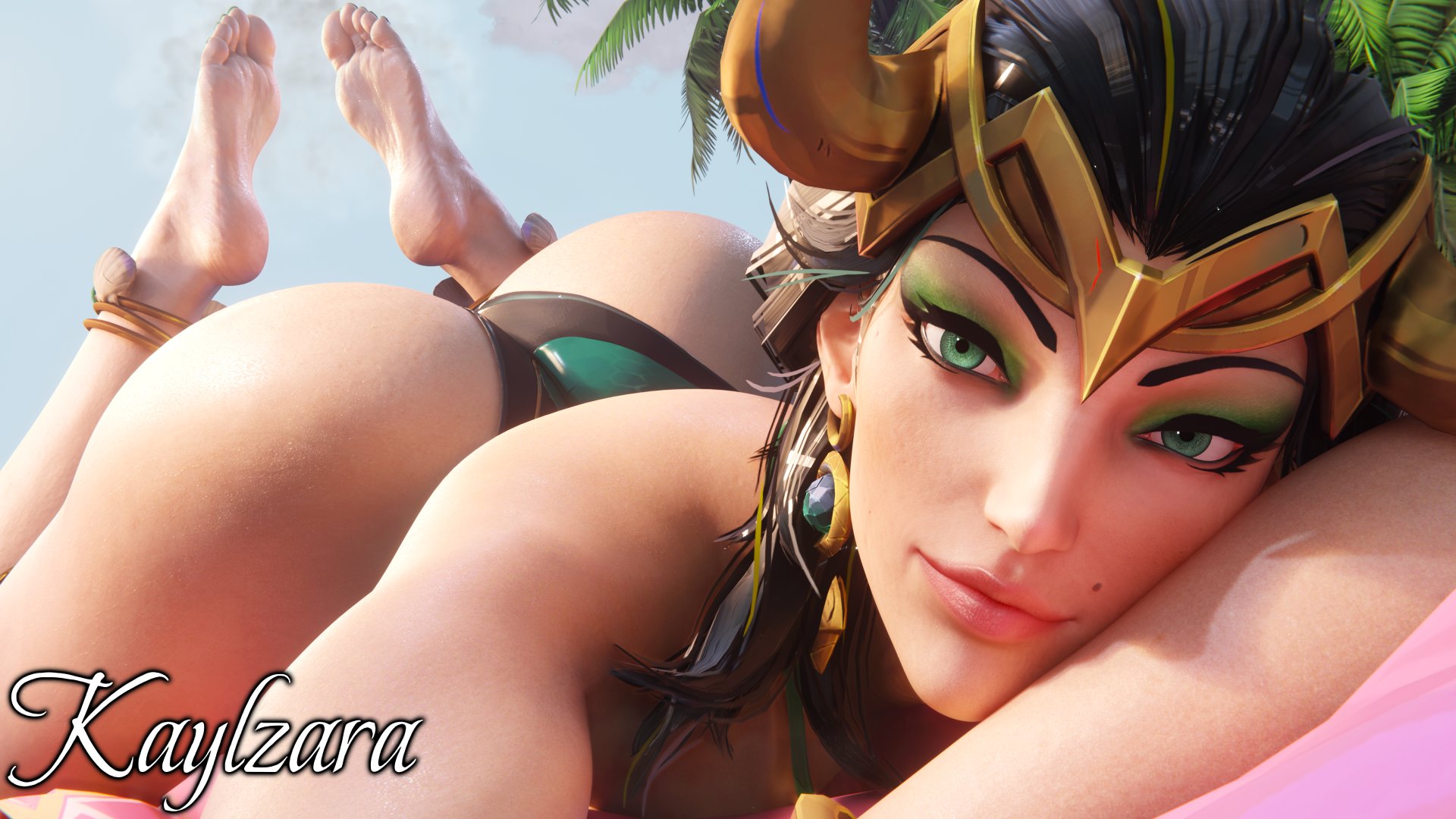 1girls, 3d, artist name, big ass, black hair, clothed, clothed female, detailed background, ear piercing, earrings, eyeliner, eyeshadow, feet, feet fetish, feet focus, feet up, female, female only, foot fetish, foot focus, green eyes, headgear, kaylzara, lady loki, lady loki (marvel rivals), laying on stomach, light skin, light-skinned female, loki (marvel rivals), long hair, looking at viewer, makeup, marvel, marvel comics, marvel rivals, mole, mole above mouth, one-piece swimsuit, outdoors, outside, pinup, pinup pose, solo, sweaty feet, swimsuit, the pose, thor (series), watermark