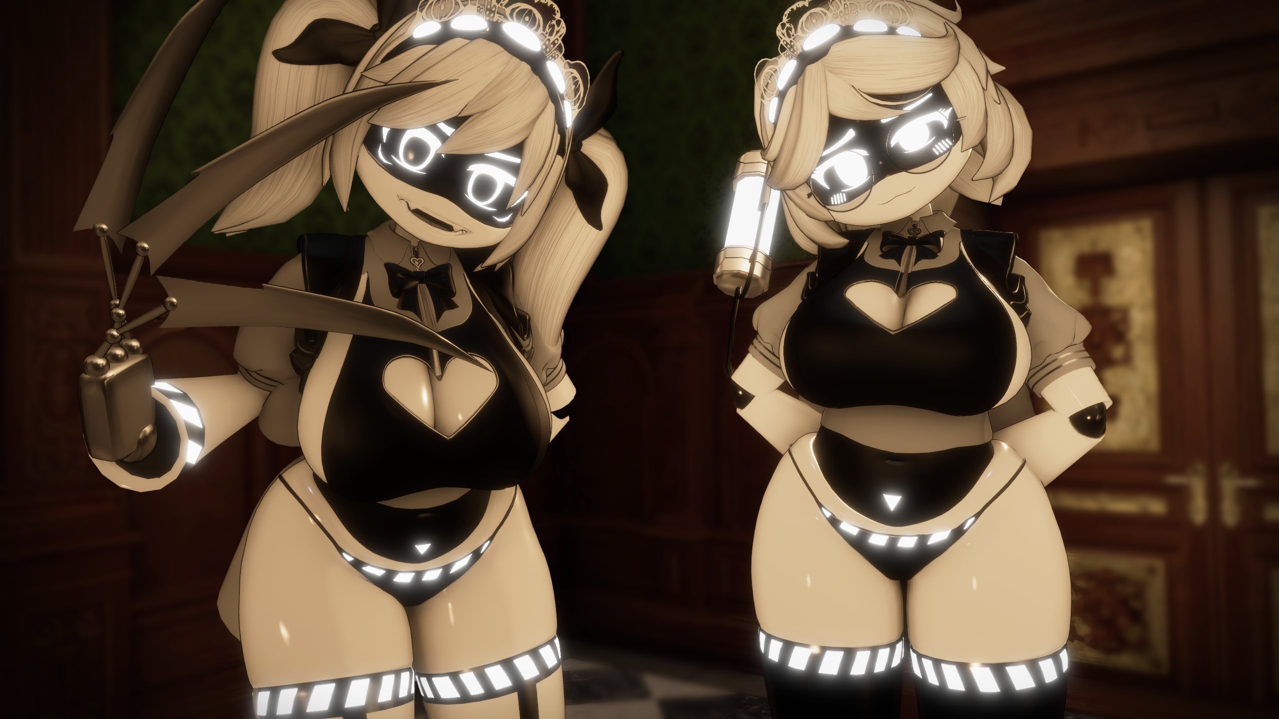 2girls, 3d model, artist request, ass, big ass, big breasts, big thighs, boobs, breasts, drone, female, female focus, female only, glitch productions, huge ass, huge breasts, huge thighs, indoors, inside, j (murder drones), long hair, looking at viewer, maid, maid headdress, maid outfit, maid uniform, murder drones, panties, robot, robot girl, screen face, short hair, silver hair, thick thighs, thighs, tits, twintails, unity (engine), v (murder drones), vrchat, vrchat avatar, vrchat model, white eyes