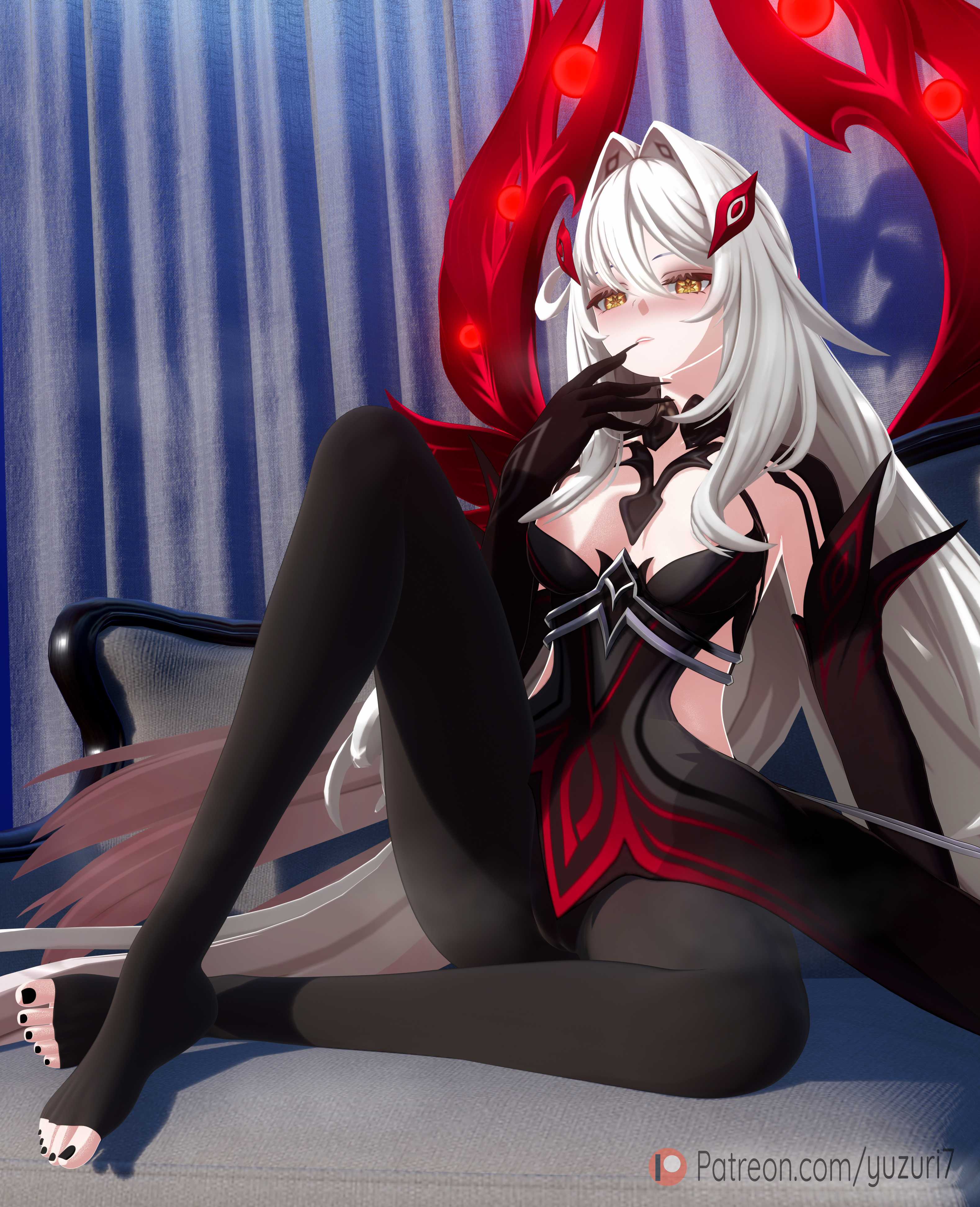 1girls, 3d, 3d (artwork), areola, areola slip, areolae, blender, blush, breasts, cameltoe, clothed, covered nipples, dress, feet, female, female focus, female only, genshin impact, gloves, hair covering breasts, hair ornament, hi res, legwear, long fingernails, long hair, looking at viewer, medium breasts, open dress, painted nails, ronova (genshin impact), seductive, seductive look, seductive smile, sitting, smile, solo, stockings, thighs, toes, white hair, yellow eyes, yuzuri7