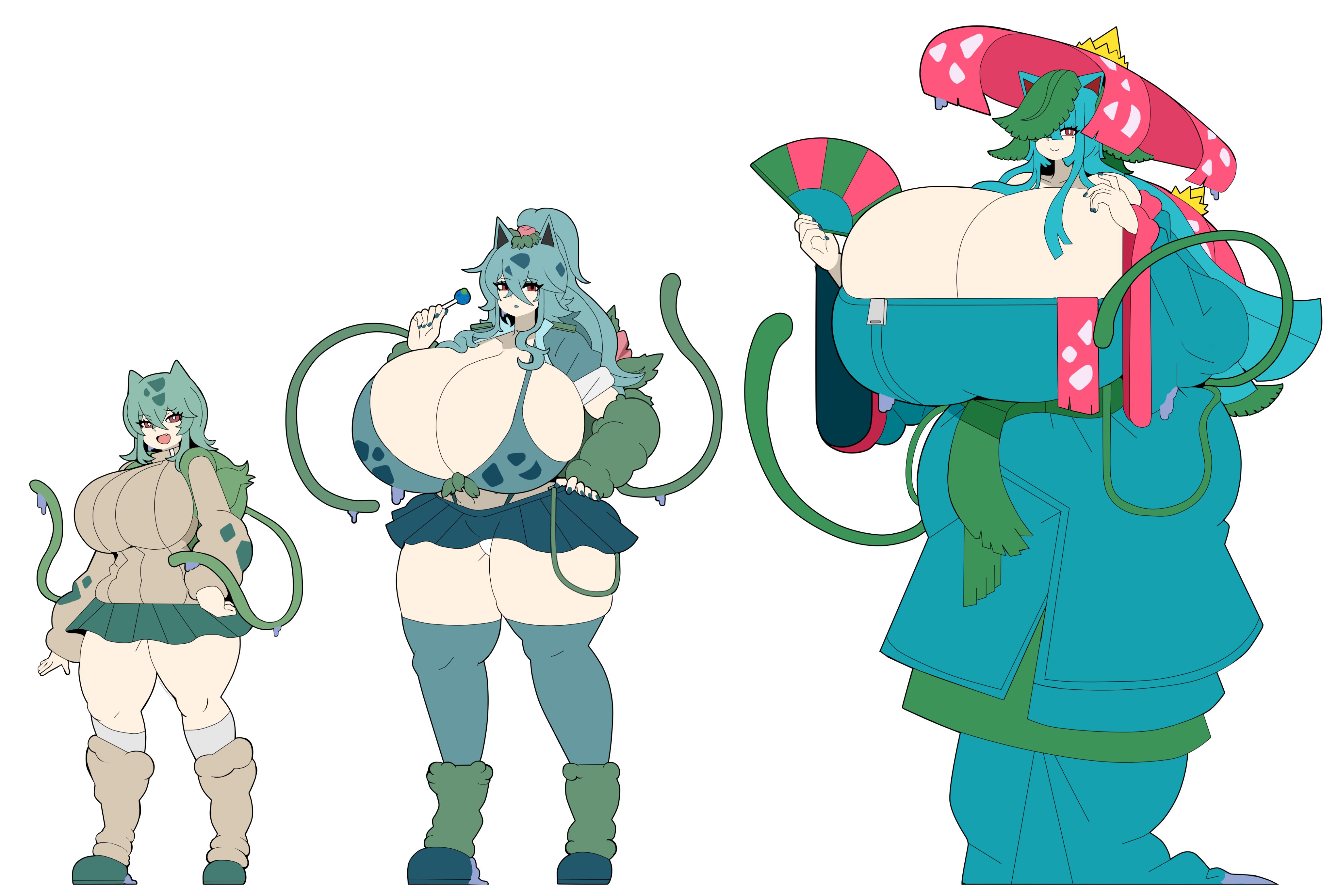 :d, arm at side, blue nails, body growth (enlargement), breast expansion, bulbasaur, candy, casualdemo, cleavage, curvy, evolutionary family, expressionless, fan, fang, flat colors, fushigibana, fushigidane, fushigisou, generation 1 pokemon, gigantic breasts, gijinka, gyaru, gyaru bulbasaur (shin no tenpii), gyaru fushigidane, gyaru fushigidane (shin no tenpii), hair over one eye, hand on hip, holding candy, holding fan, holding food, holding lollipop, humanized, humanized pokemon, hyper, ivysaur, kimono, leg warmers, lollipop, panties, paper fan, personification, plump, poco a pokemon, pokemon, pokemon (species), pokopia, skirt, smile, thick thighs, thigh expansion, venusaur, voluptuous, weight gain, wide hips