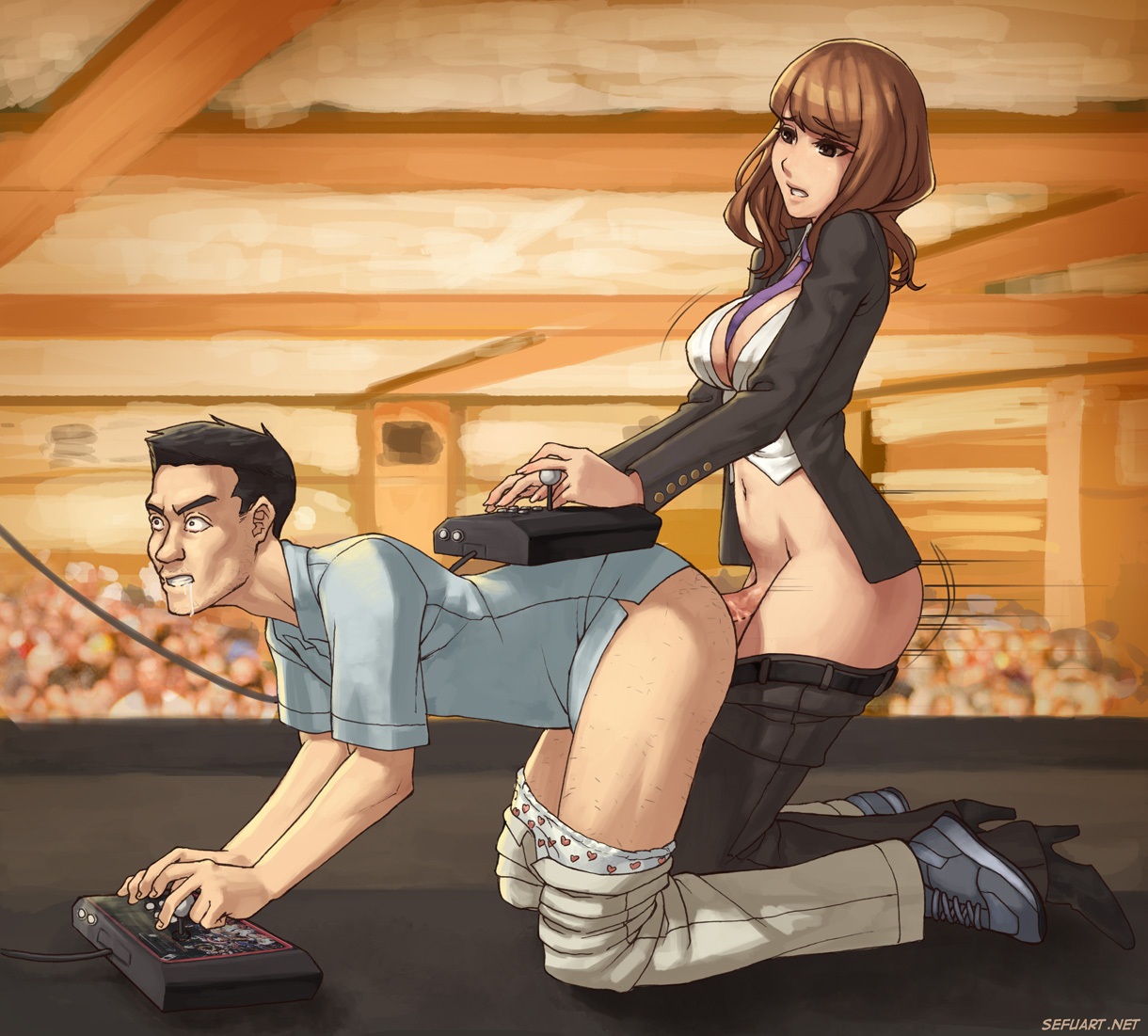 1boy, 1futa, all fours, anal, anal sex, arcade stick, ass, audience, breasts, casual, casual sex, cleavage, clothed, clothing, cosplay, crimson viper (cosplay), dickgirl, doggy style, electronics, erection, futa on male, futa penetrating, futadom, futanari, human, intersex, kayo police, large breasts, long hair, male, male penetrated, malesub, navel, pale skin, penis, penis out, playing games, public, public sex, saliva, sefuart, sex, street fighter, surprised, video games, voyeur