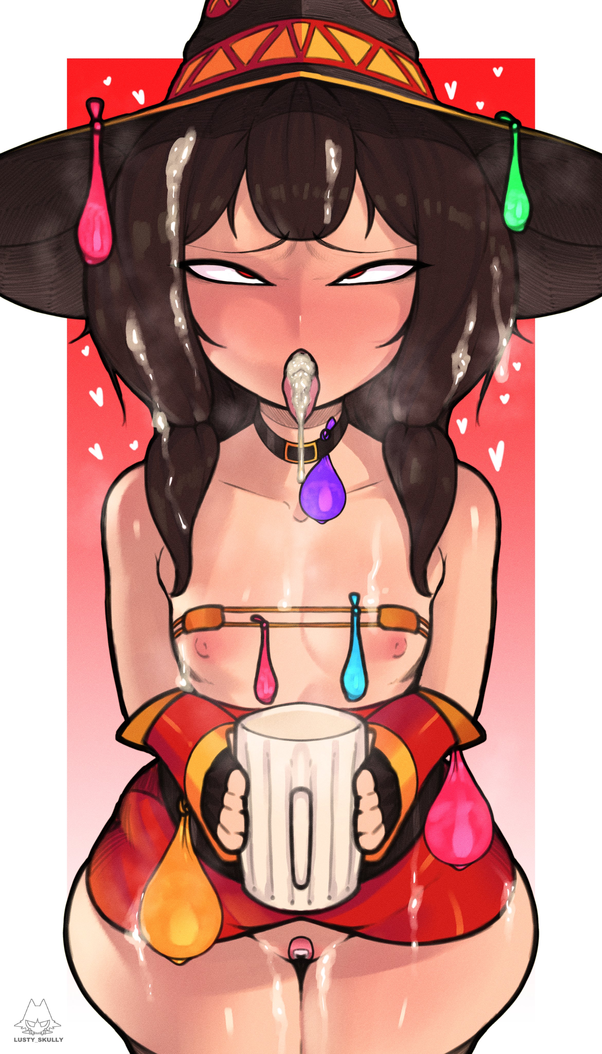 1girls, ahegao, artist request, bandaid, bandaid on pussy, bikini top, black hair, blush, bukkake, choker, chugging, condom accessories, cum, cum drinking, cum guzzler, cum in container, cum in glass, cum in mouth, cum mug, cum on face, cum on hair, cum on thighs, cumdump, cumslut, dress, dress lift, embarrassed, eyepatch bikini, femsub, fingerless gloves, flat chest, gokkun, hat, kono subarashii sekai ni shukufuku wo!, long hair, looking at viewer, lusty skully, maledom, megumin, minidress, nervous, nipples, obedient whore, pussy pasty, red eyes, smelly cum, thick thighs, thighs, tongue, tongue out, topless, used condom, wide hips, witch hat