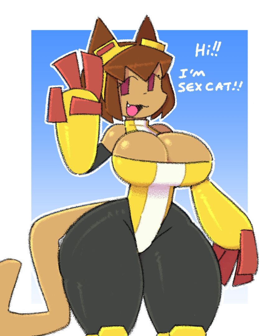 1girls, ass, big ass, big boobs, big breasts, big butt, big thighs, boobs, breasts, brown hair, brown tail, butt, cat ears, cat girl, cat humanoid, cat tail, catgirl, dialogue, feline humanoid, gameoverse, glitch productions, goggles, goggles on head, huge ass, huge boobs, huge breasts, huge butt, huge thighs, kit (gameoverse), kit bodega, open mouth, red eyes, tagme (artist), tail, thighs, v sign, yellow goggles