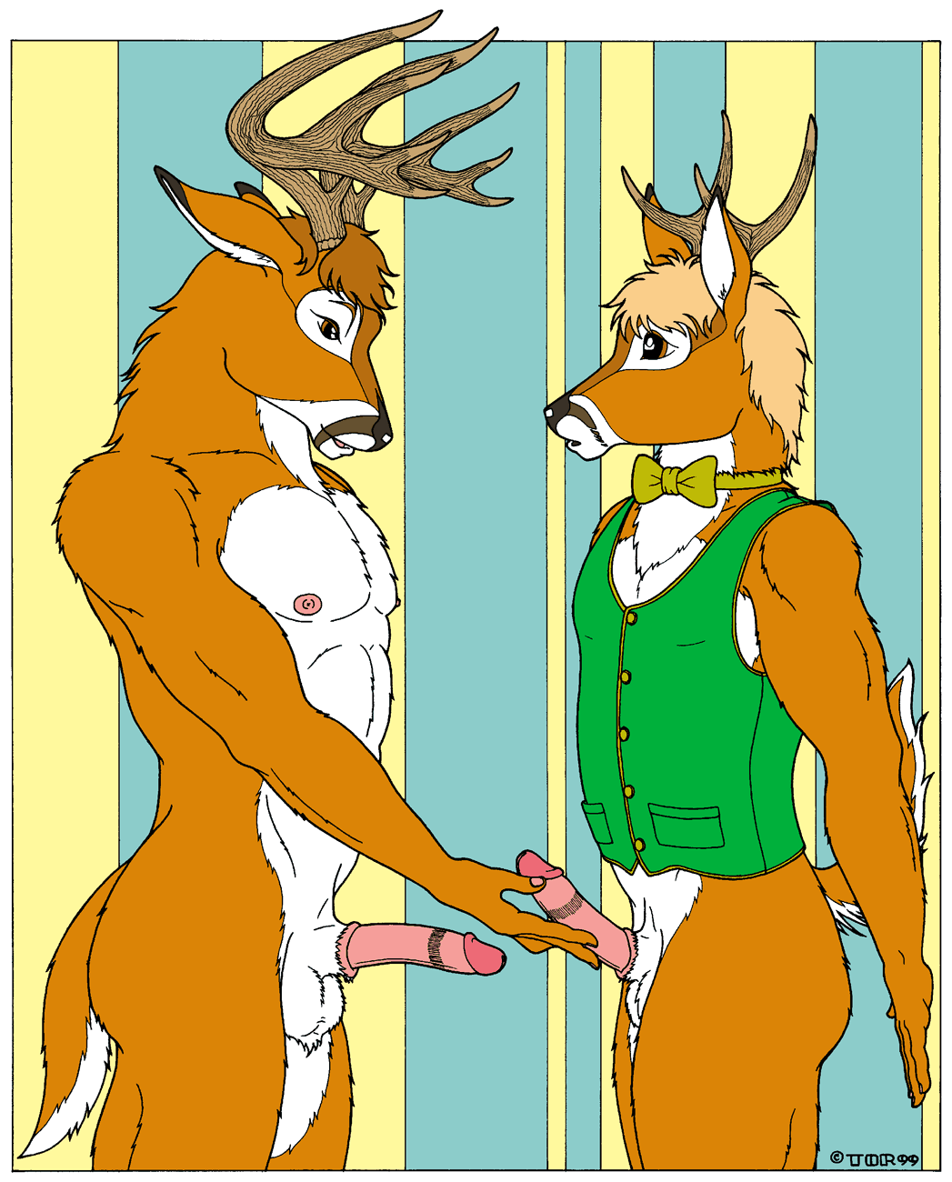 1990s 1999 20th_century 2boys antlers balls bottomless bow_tie cervine comparison deer gay horn male male_only penis tor vest