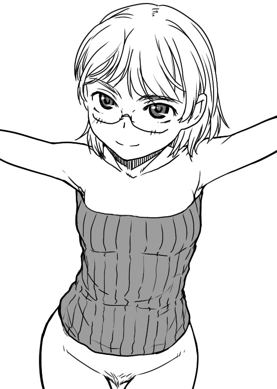 bottomless copyright_request face glasses monochrome no_panties pointy_chin pubic_hair sakaki_imasato solo tubetop