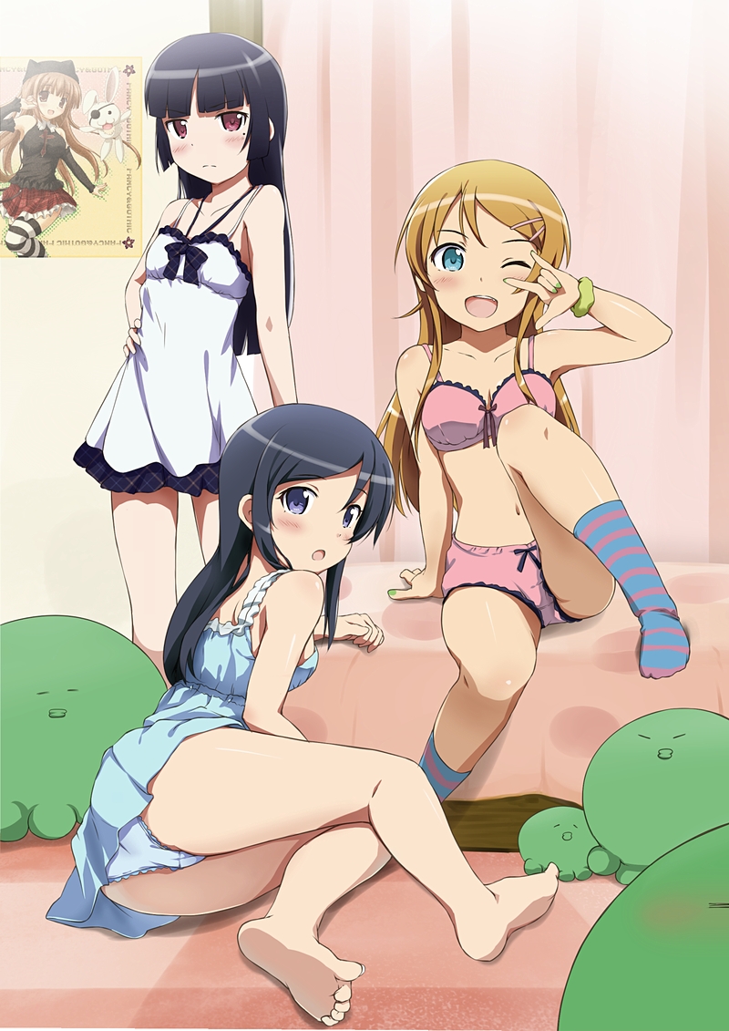 3girls :o aragaki_ayase bare_legs bare_shoulders barefoot bedroom black_hair blue_eyes blush bra chemise feet female female_only full_body gokou_ruri hair_ornament hairclip hand_on_hip human kirino_kosaka kotobamaru legs looking_at_viewer mole navel nightie no_shoes open_mouth orange_hair ore_no_imouto_ga_konna_ni_kawaii_wake_ga_nai panties purple_eyes red_eyes red_hair smile socks striped striped_legwear thighhighs underwear underwear_only v v_over_eye wink