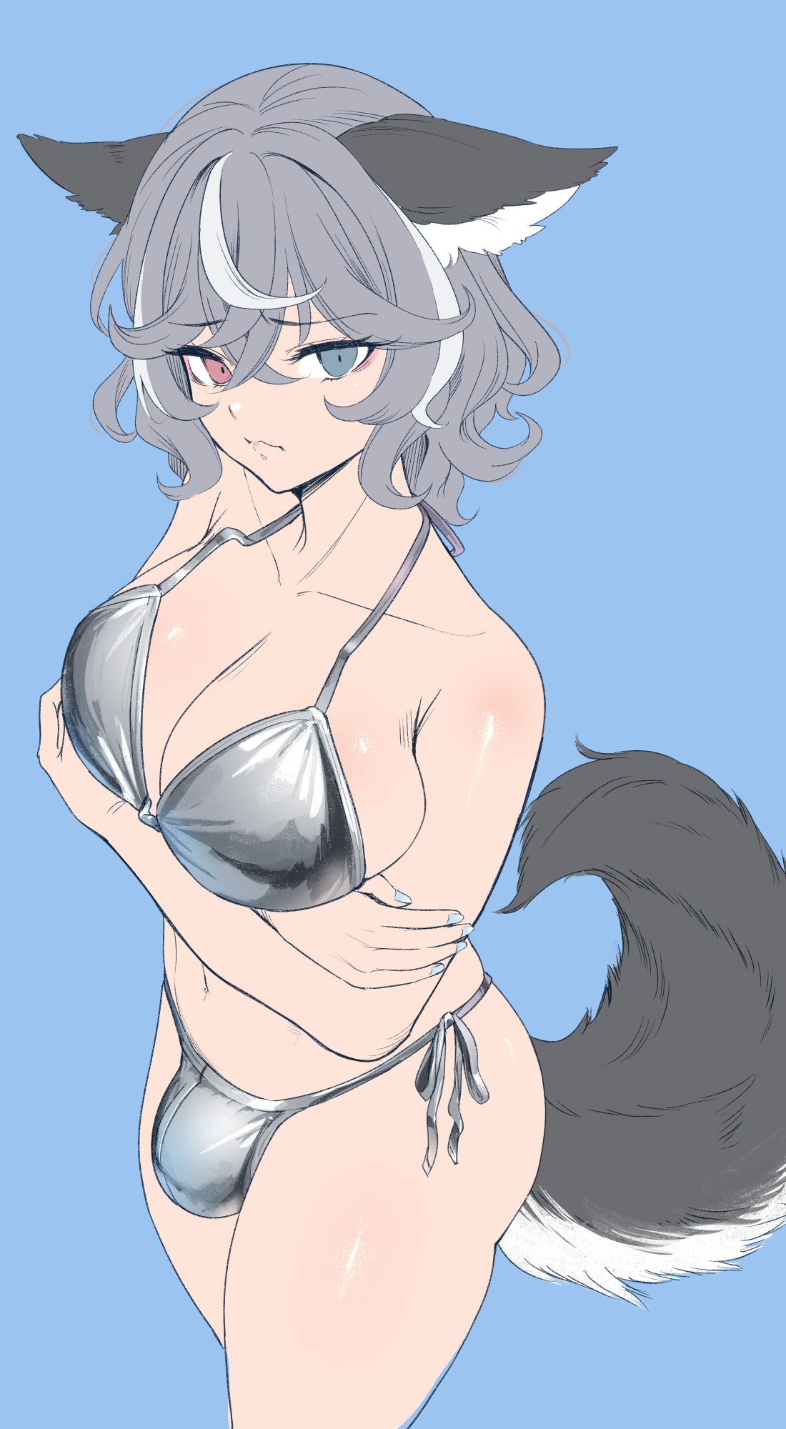arms crossed under breasts, asagaya rin, big breasts, big penis, bikini, breasts, futanari, gray hair, looking at viewer, navel, silver bikini, standing, tail, wolf ears, wolf girl, yana (nekoarashi)