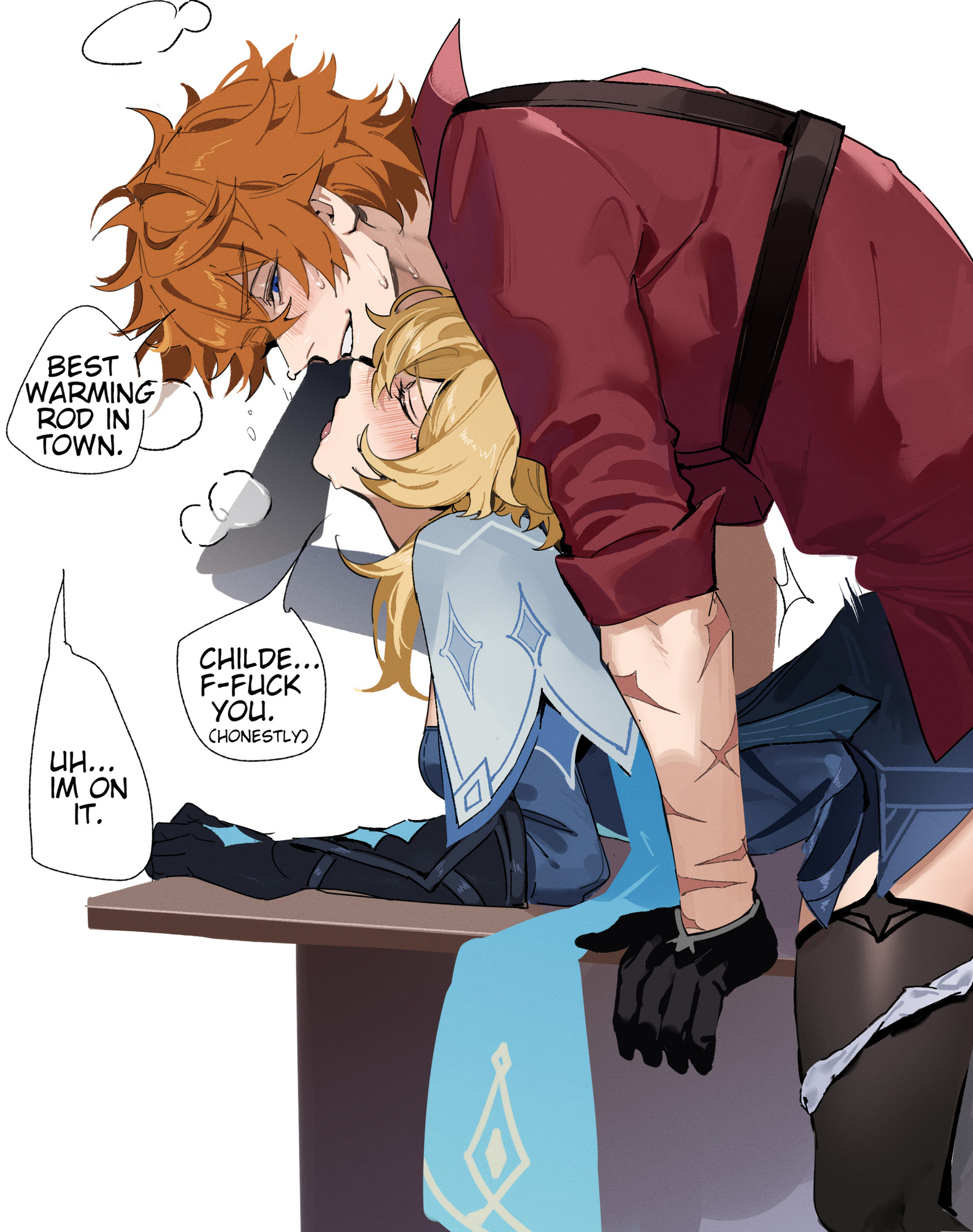 1boy, 1girl, black gloves, black thighhighs, blonde hair, blue dress, blue eyes, blush, breasts, childe (genshin impact), closed eyes, dress, english text, eriimyon, female, from behind, genshin impact, ginger, gloves, hand on another's face, hetero, highres, implied sex, lumine (genshin impact), lumine (night hunt in snow) (genshin impact), male, male/female, medium breasts, on table, open mouth, orange hair, panties, panties around one leg, red shirt, scar, scar on arm, shirt, short hair, short hair with long locks, smile, speech bubble, steam, straight, sweat, table, tartaglia (genshin impact), thighhighs, tongue, tongue out, underwear, white background, zettai ryouiki