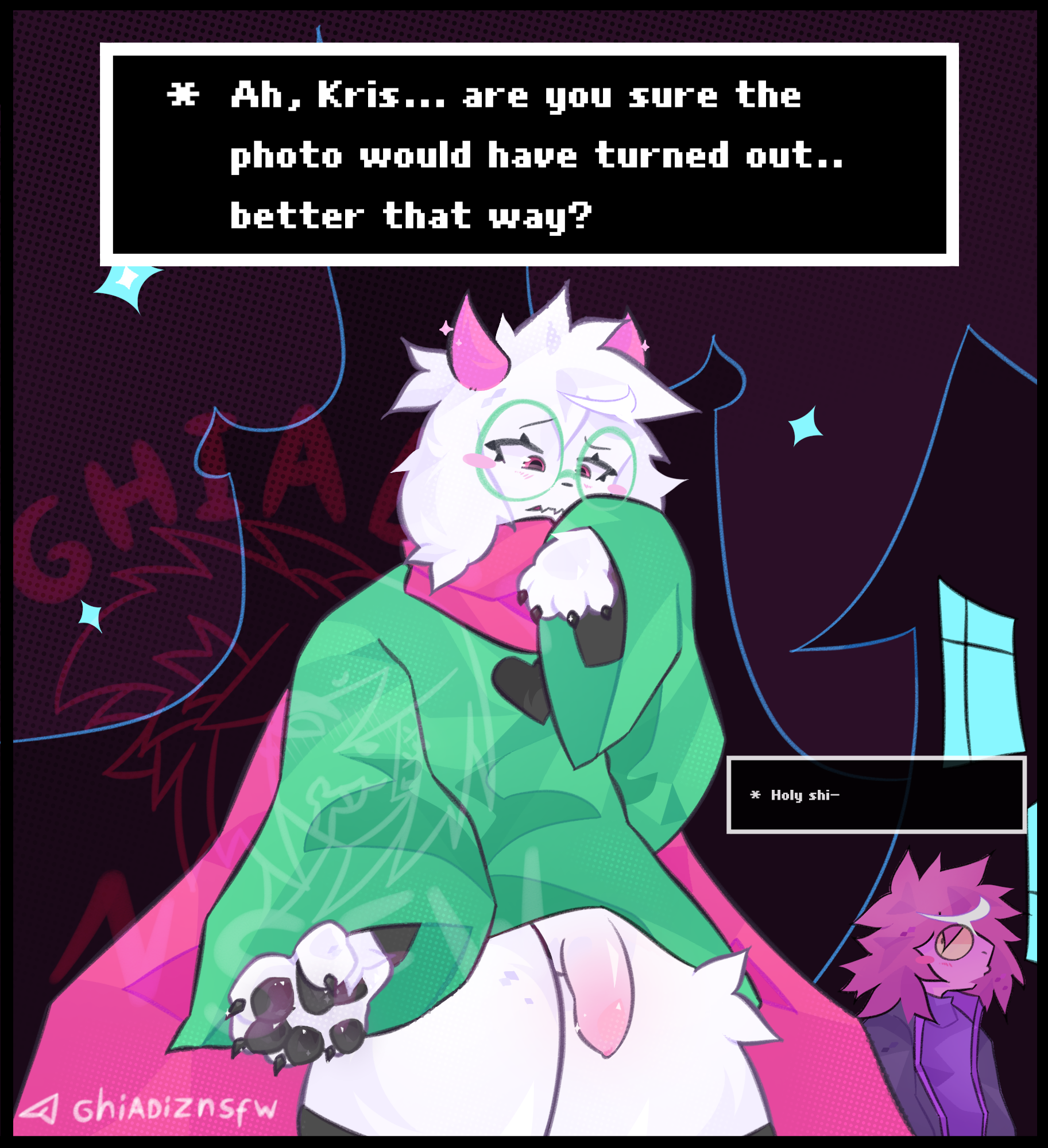 big thighs, black clothing, black jacket, black panties, black topwear, black underwear, blush, blush lines, blushing, blushing face, blushing male, claws, cloak, clothed, clothing, confused, confusion, cute, cute expression, cute face, cute male, cute pose, deltarune, dialogue, dialogue box, dick, duo, embrace, embracing another, embrassed, erect penis, erection, exhibitionism, exhibitionist, eyewear, female, femboy, femboy focus, finger claws, fur, furry, furry female, furry male, genitals, ghiadiz, glasses, goat, goat boy, goat horns, green cloak, green clothing, handpaw, horn, humiliated, humiliating, humiliation, humiliation fetish, jacket, looking at another, looking down, panties, panties down, partially clothed, pawpads, paws, penis, penis out, profanity, purple clothing, purple shirt, purple t-shirt, purple topwear, ralsei, ralsei (deltarune), ralsei with white fur, scarf, shirt, shy, susie (dark world form), susie (deltarune), t-shirt, taking picture, thighs, thighs bigger than head, thighs together, thong, topwear, underwear, underwear down, wink