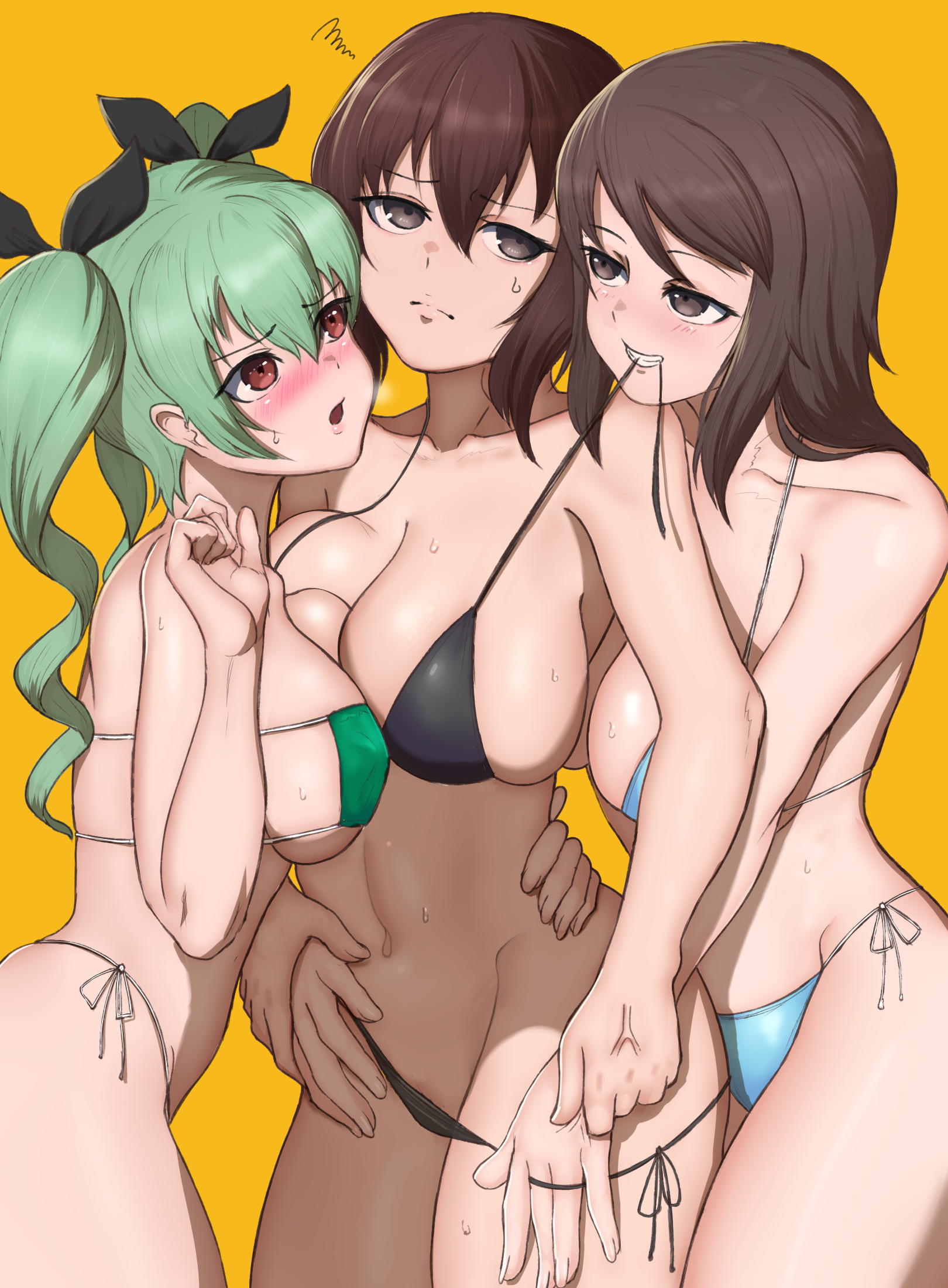 2d, 3girls, anchovy (girls und panzer), big breasts, bikini, bikini bottom, bikini only, bikini top, black bikini, blue bikini, blush, brown eyes, brown hair, brunette, brunette female, brunette hair, female, female only, girls und panzer, green bikini, green hair, hand on hand, hand on hip, hand on leg, hand on waist, harassment, highres, huge breasts, lesbian, light skin, light-skinned female, long hair, looking at partner, looking up, mika (girls und panzer), nishizumi maho, only female, red eyes, schoolgirl, short hair, smile, sweat, sweaty body, sweaty breasts, sweaty face, sweaty legs, sweaty thighs, tails, takefu jiin, takehuxi, undressing partner, yellow background, yuri